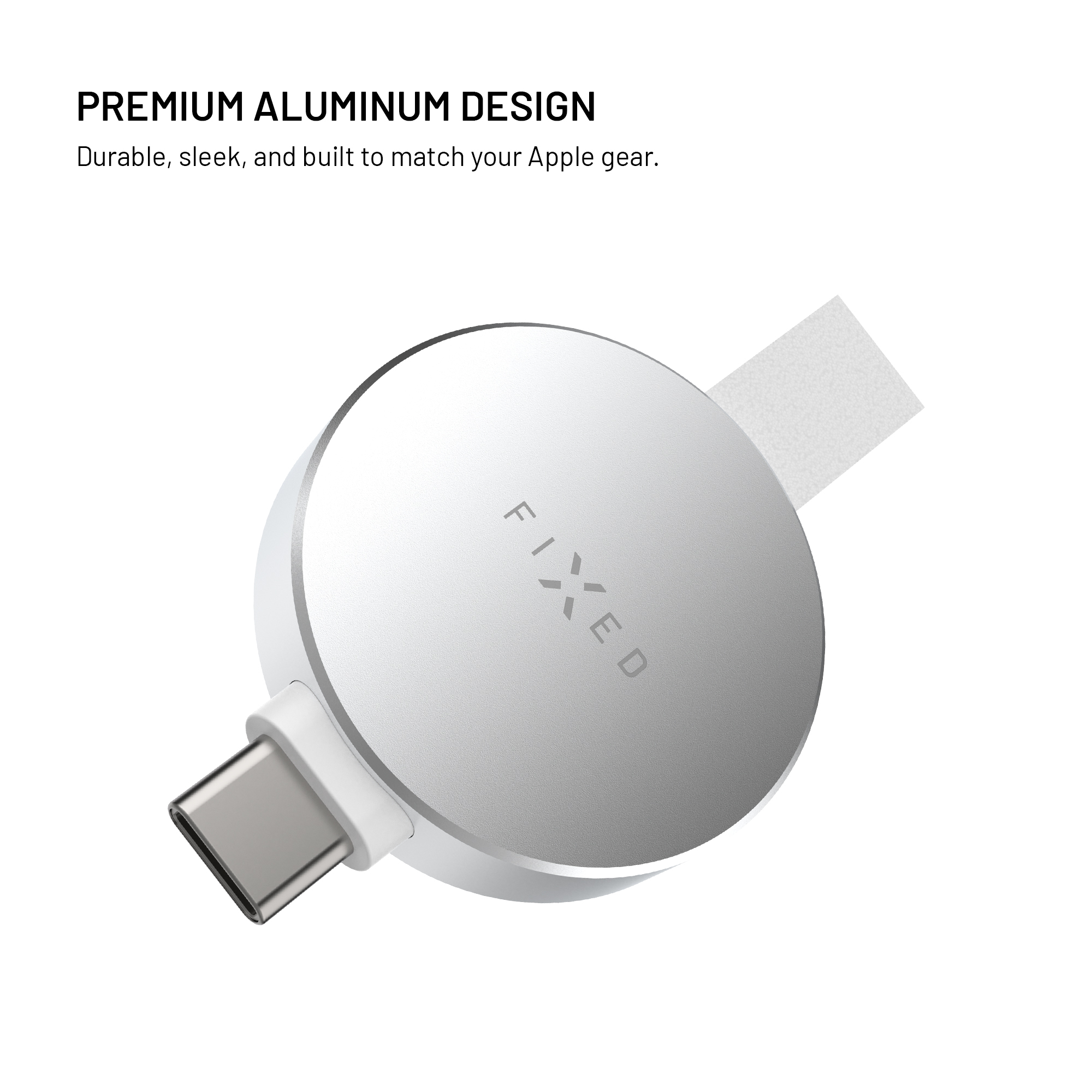 Runder silberner Fixed USB-C-Adapter mit weißen Akzenten und einer Lasche vor weißem Hintergrund.