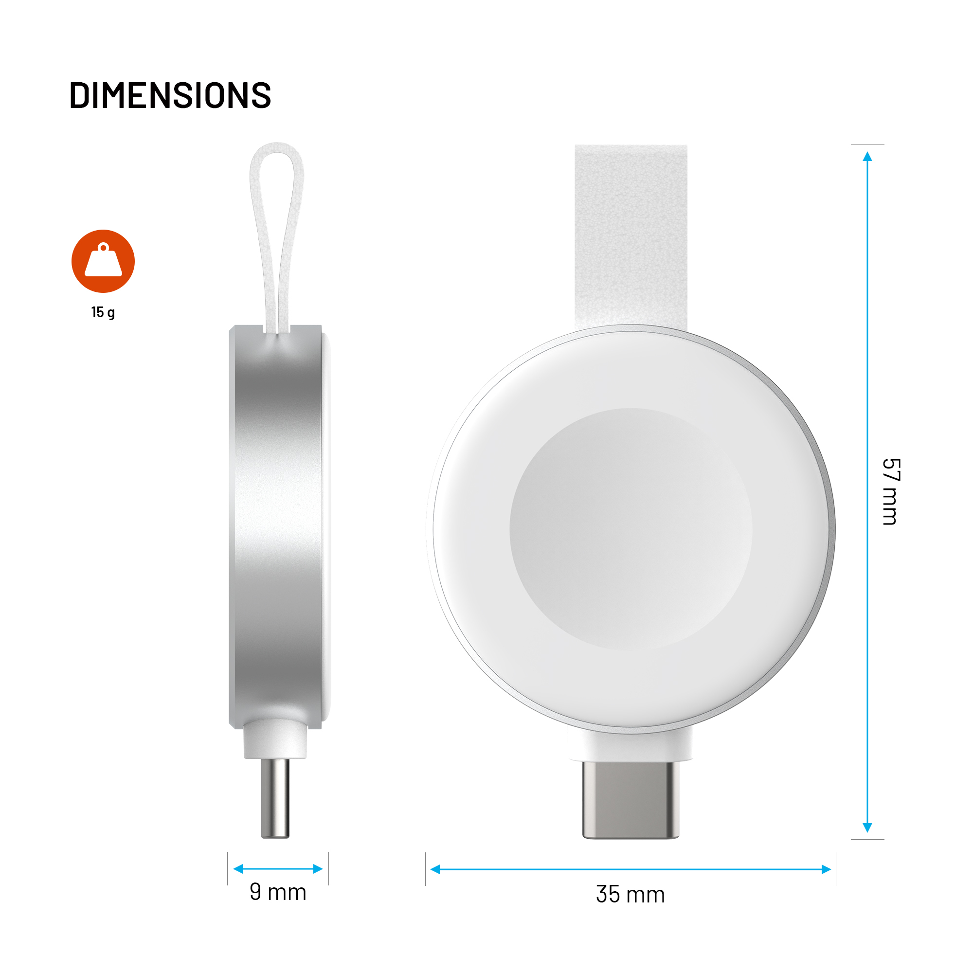 Diagramm zeigt Abmessungen und Gewicht eines runden Geräts mit USB-C und Schlaufe: 57x35x9 mm, 15 g.