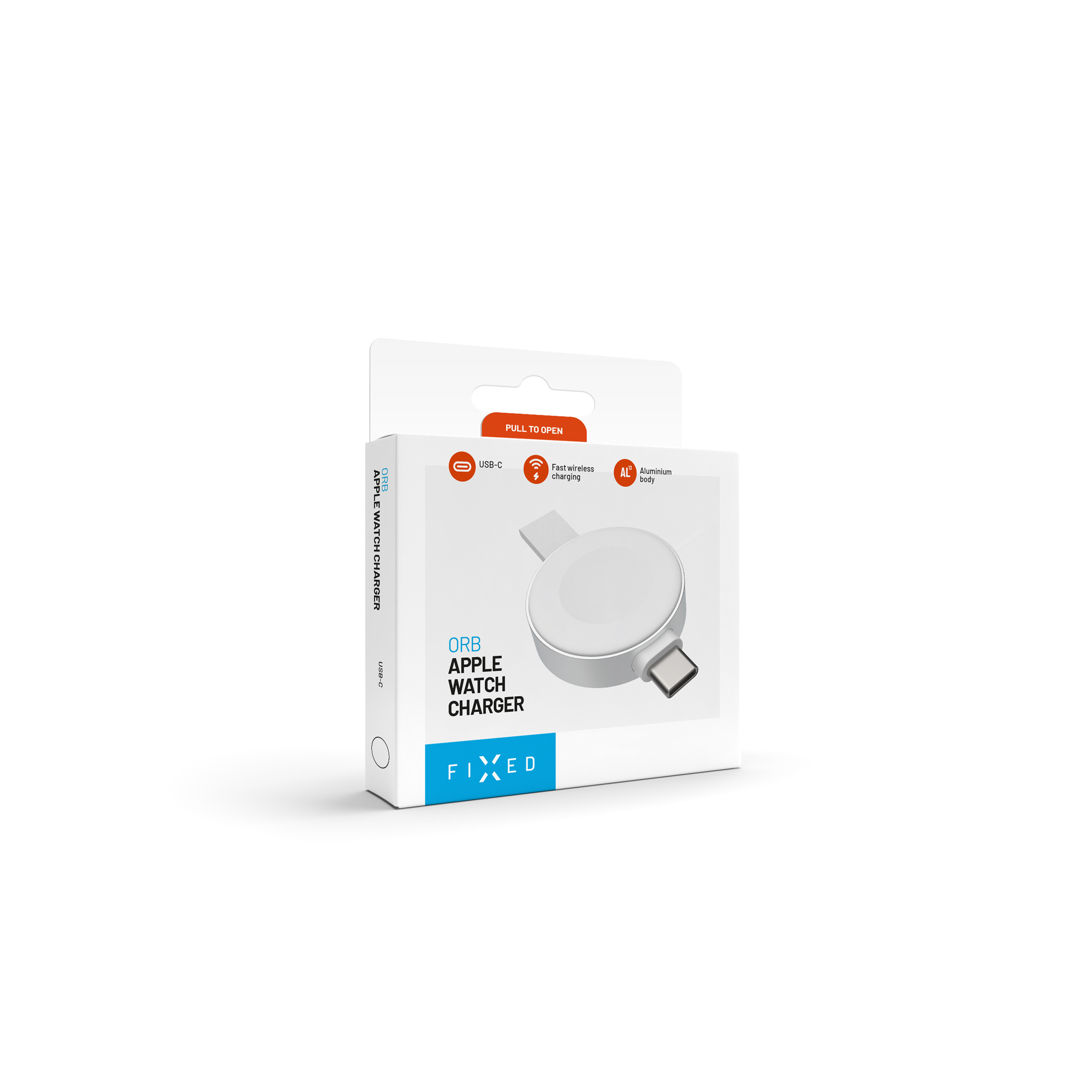 Weiße Verpackung des Fixed Orb Apple Watch Chargers mit Produktabbildung auf weißem Hintergrund.