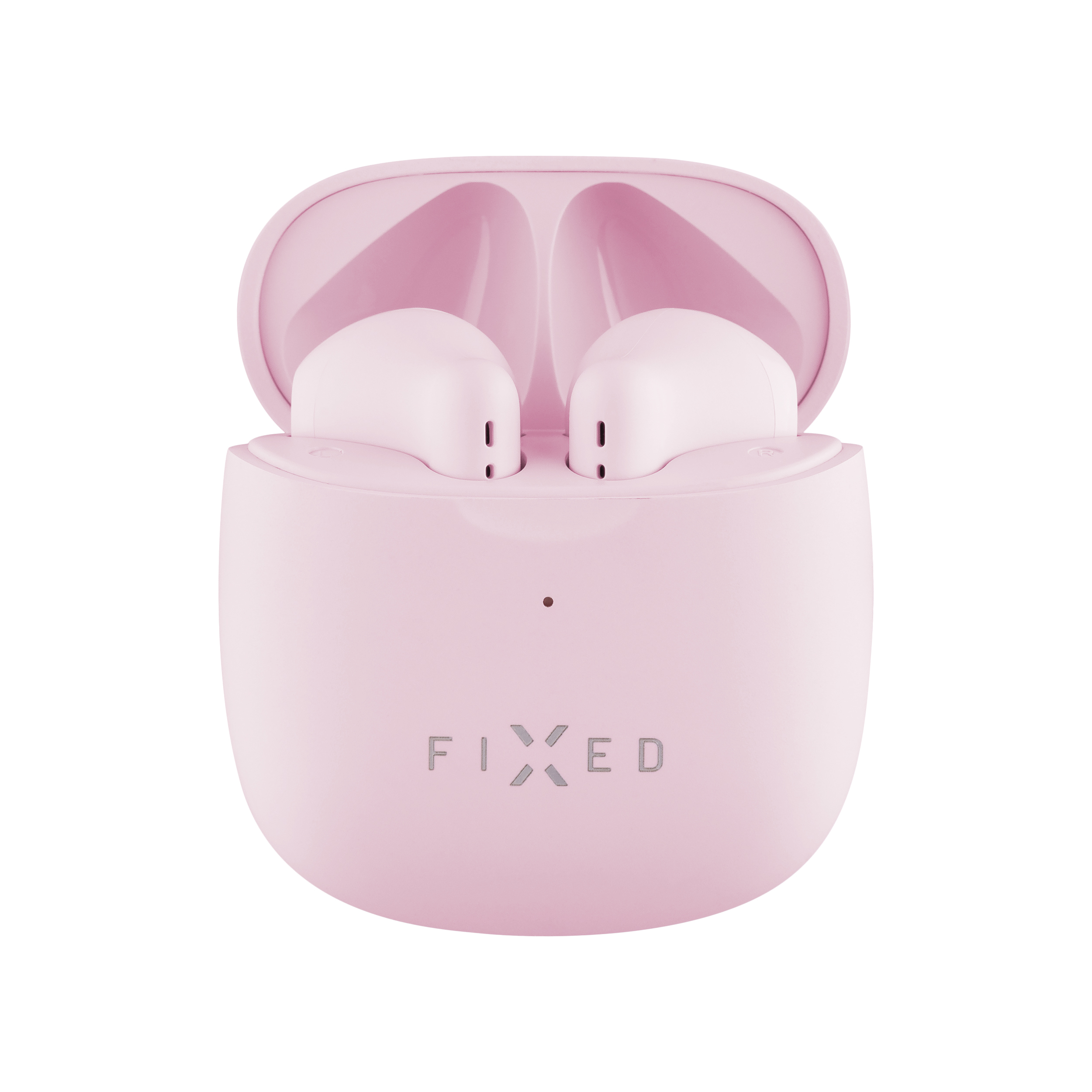 Rosa kabellose Ohrhörer in einer offenen Ladebox mit Fixed-Logo, auf weißem Hintergrund.