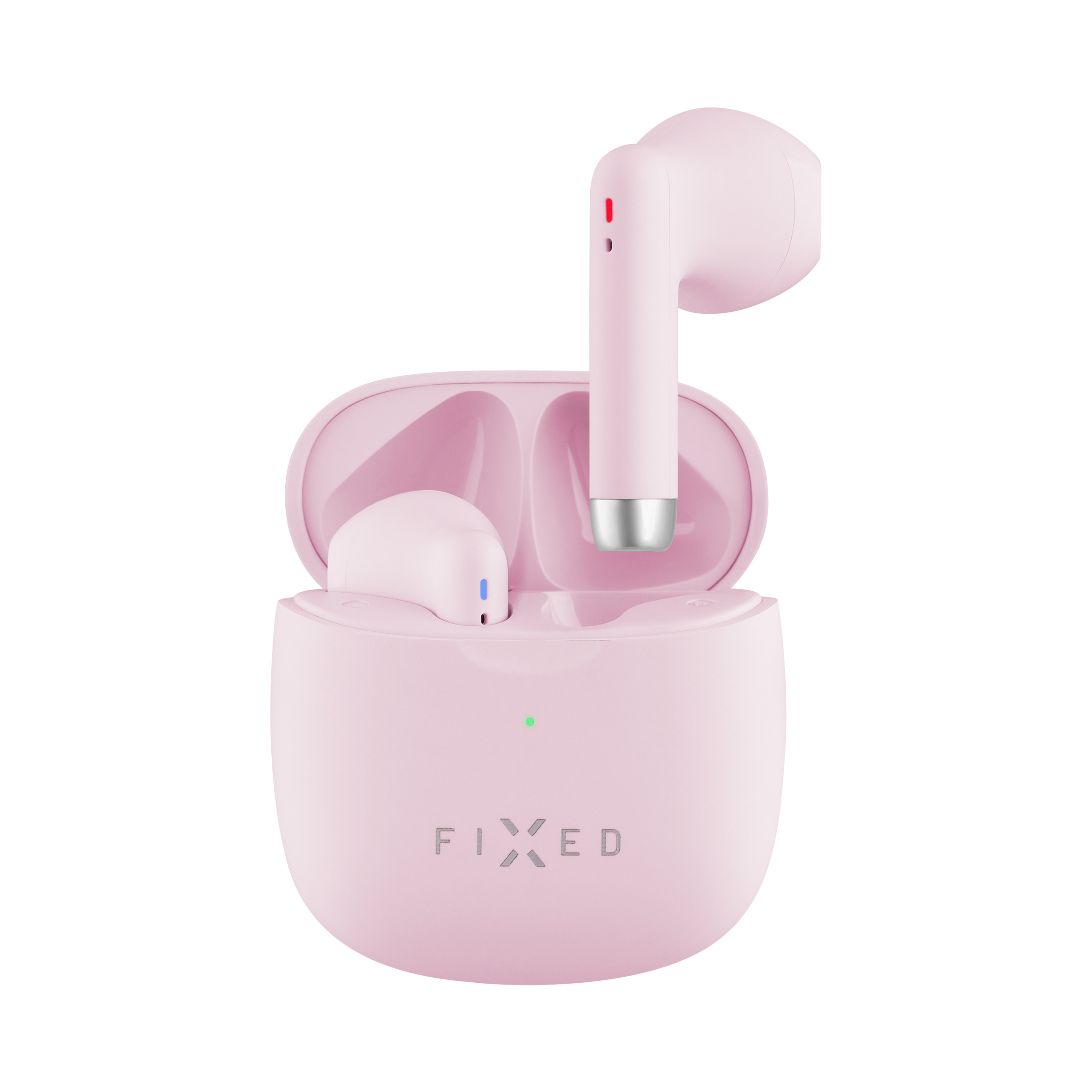 Rosa kabellose In-Ear-Kopfhörer mit Ladecase, die Marke FIXED ist auf der Vorderseite aufgedruckt.