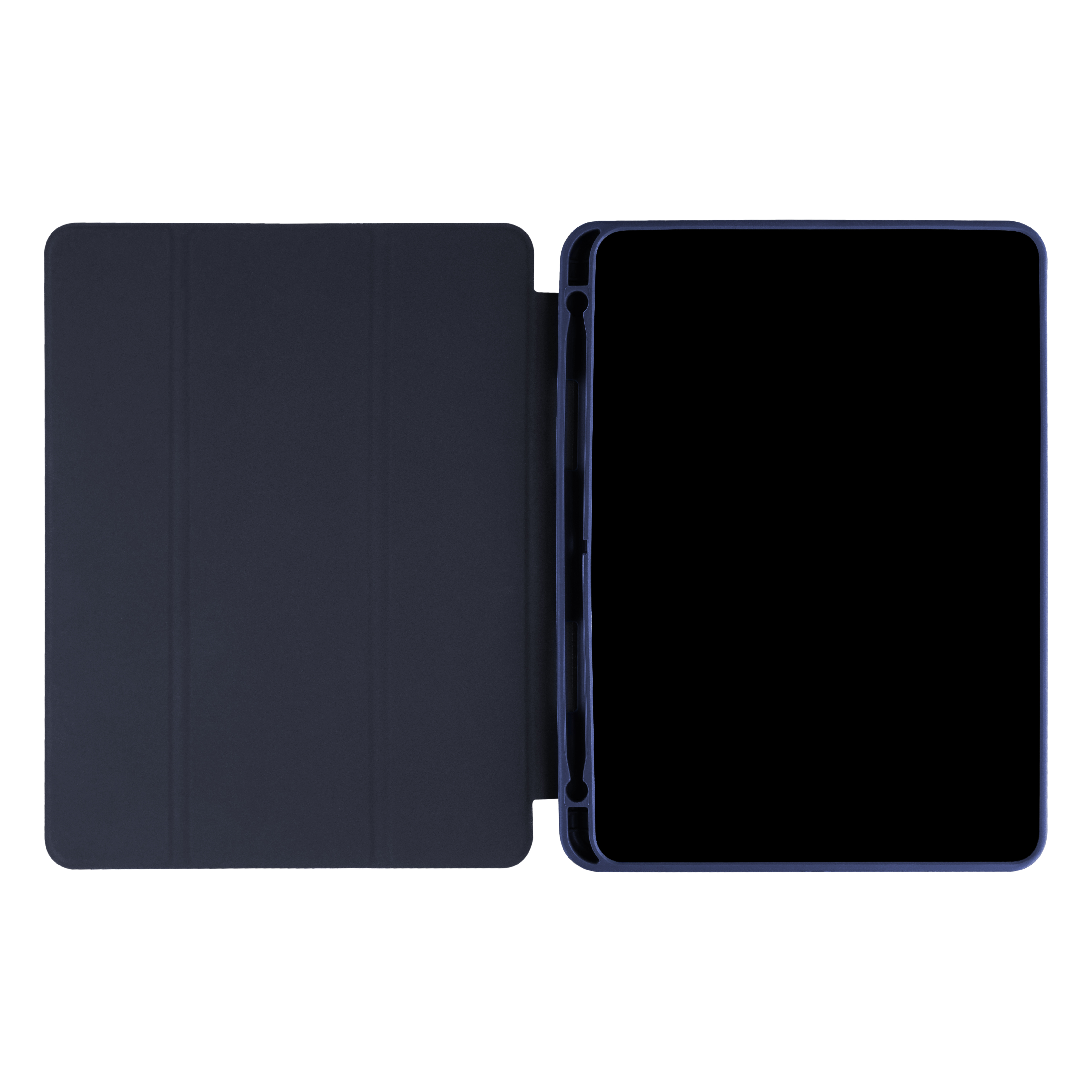 Ein offener dunkelblauer Tablet-Ständer mit schwarzem Bildschirm auf weißem Hintergrund.