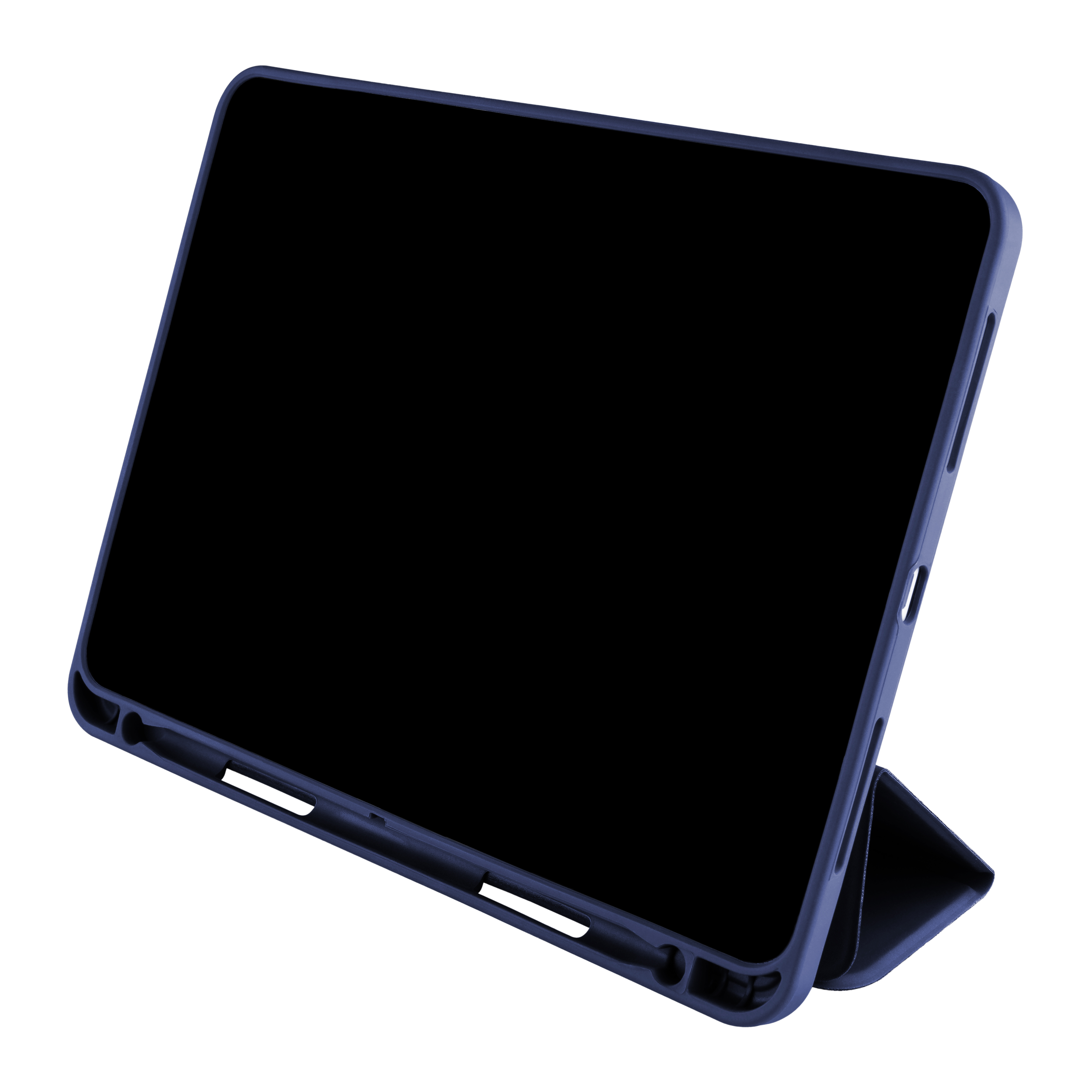 Ein Tablet in einer dunkelblauen Schutzhülle steht auf weißem Hintergrund.