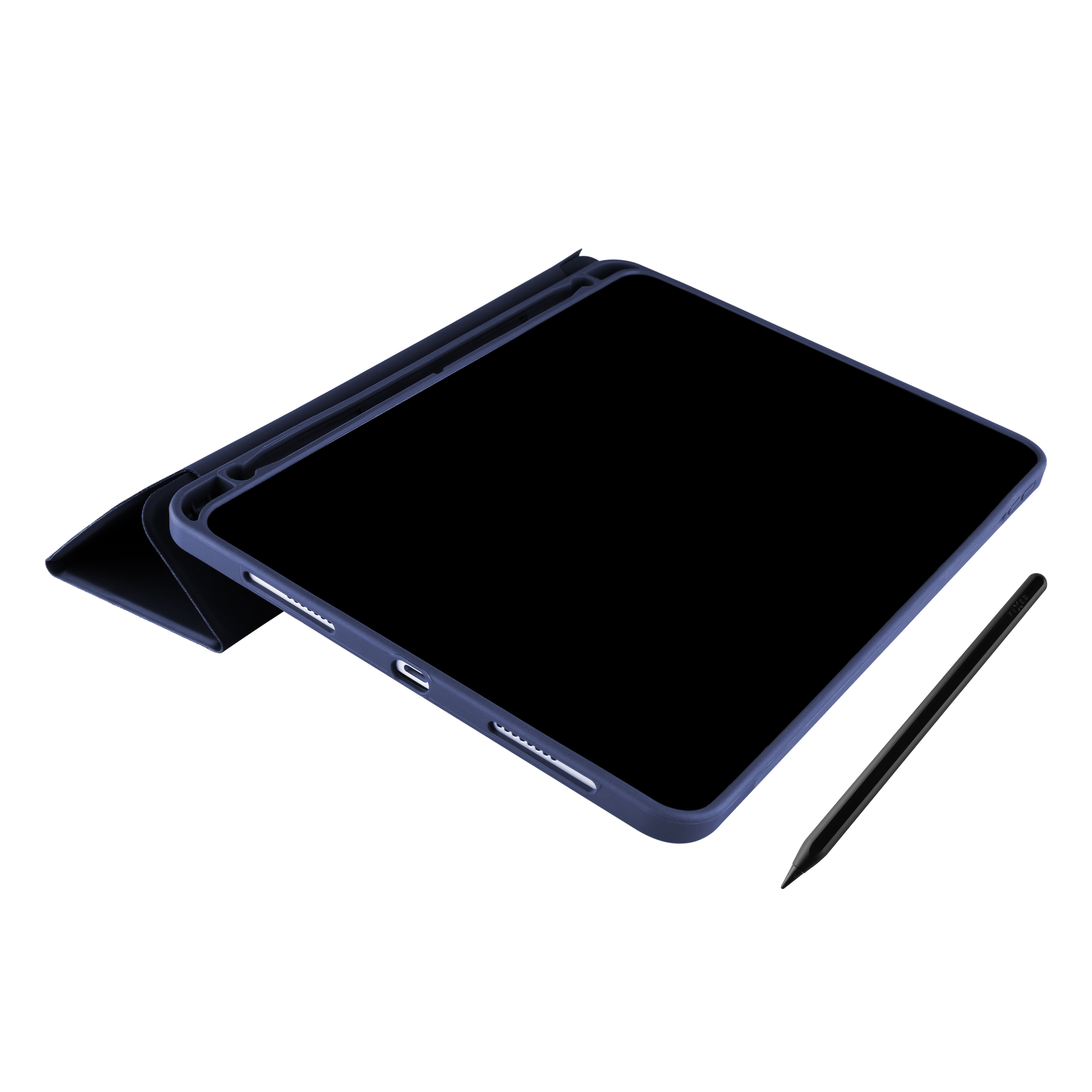 Blaues Tablet in Hülle mit Ständer und schwarzem Stift.