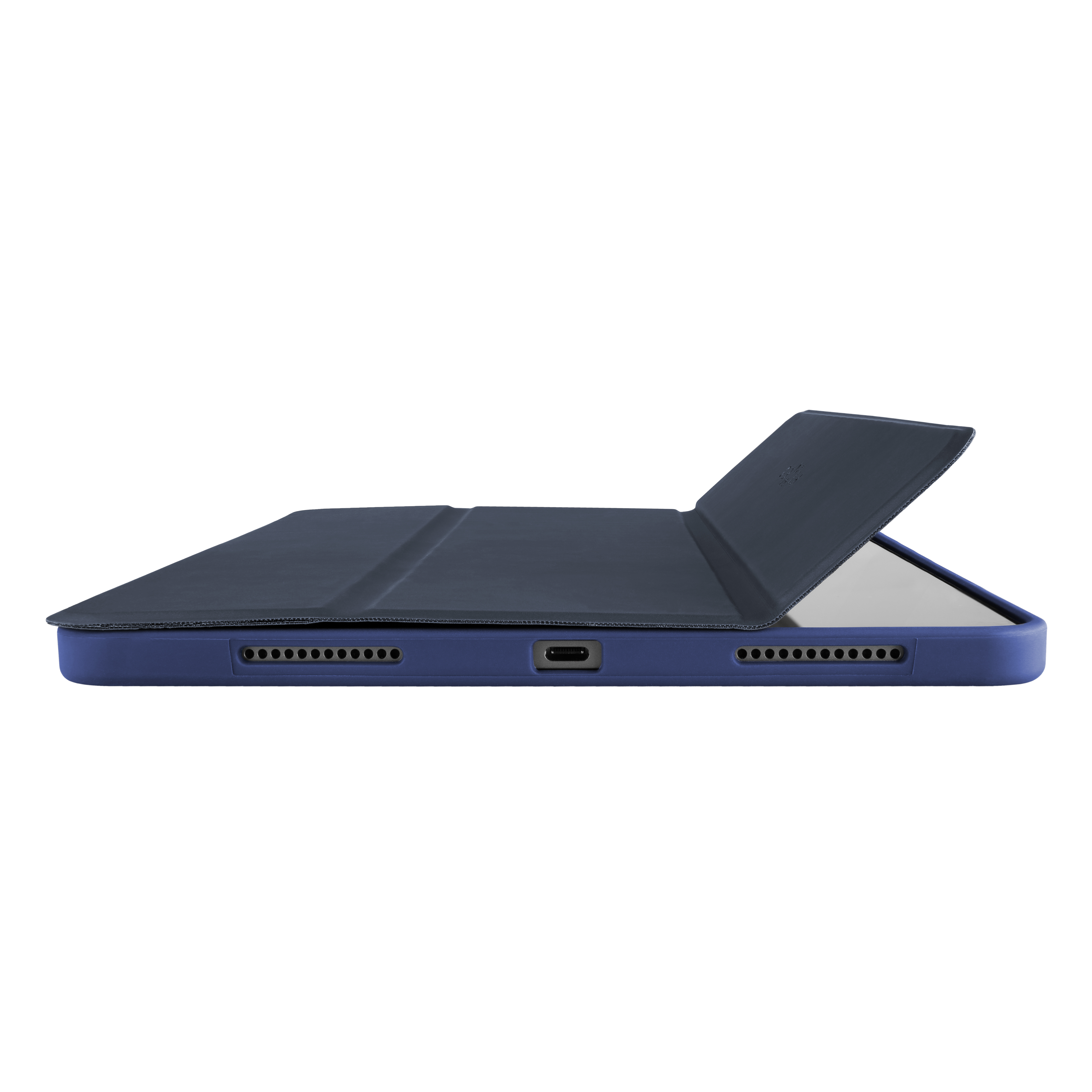 Ein blaues Tablet in einer Klapphülle, die Unterseite zeigt Ladeanschluss und Lautsprecher.