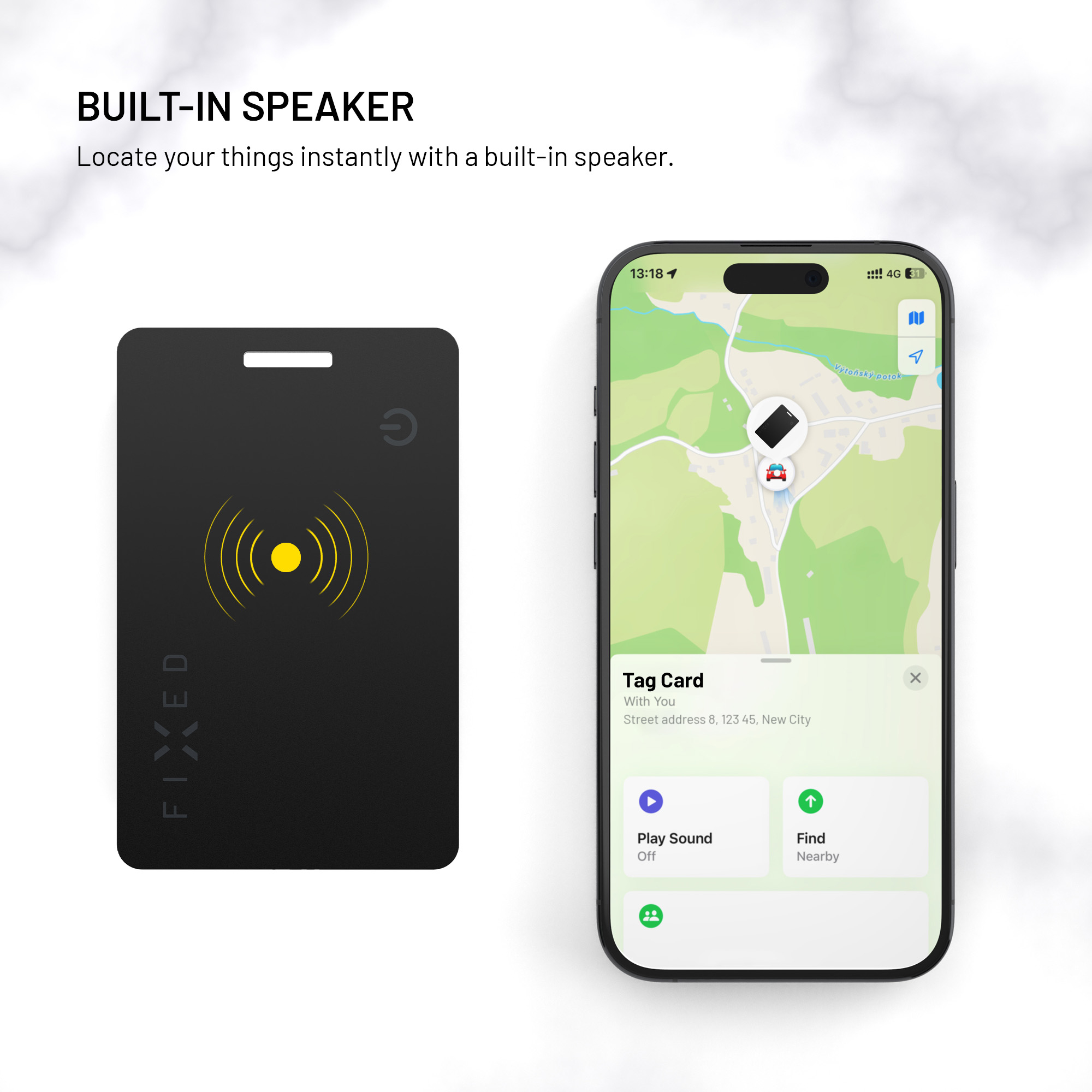 Ein schwarzes, kartenförmiges Ortungsgerät und ein Smartphone, das eine Karte und eine Tracking-App anzeigt.