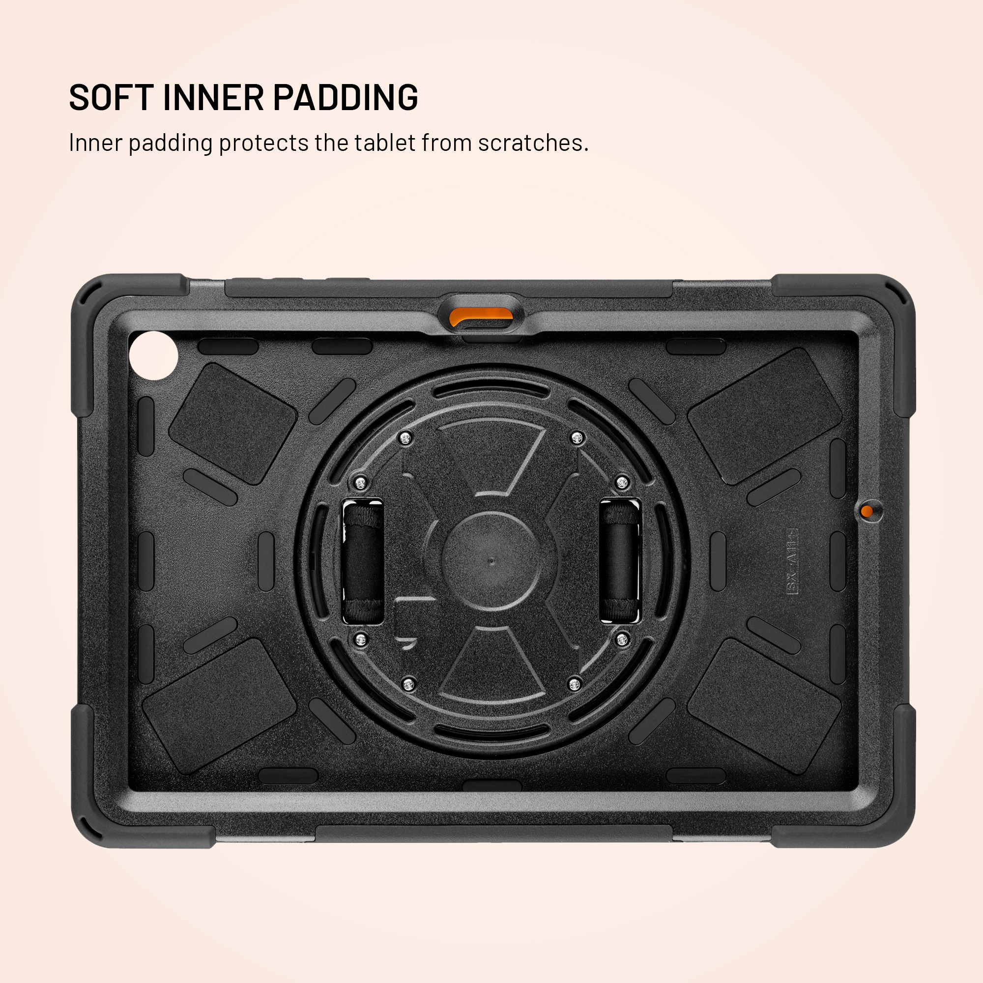 Schwarzes Tablet-Case mit weicher Innenpolsterung und rotierender Halterung.