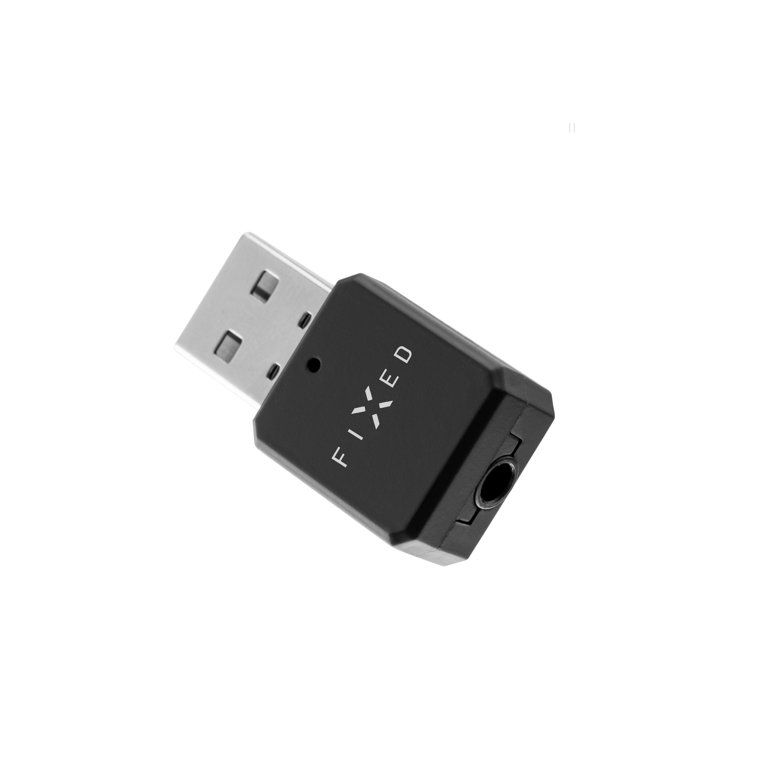 Ein schwarzer Fixed USB-Audioadapter mit silbernem USB-Stecker auf einem weißen Hintergrund.