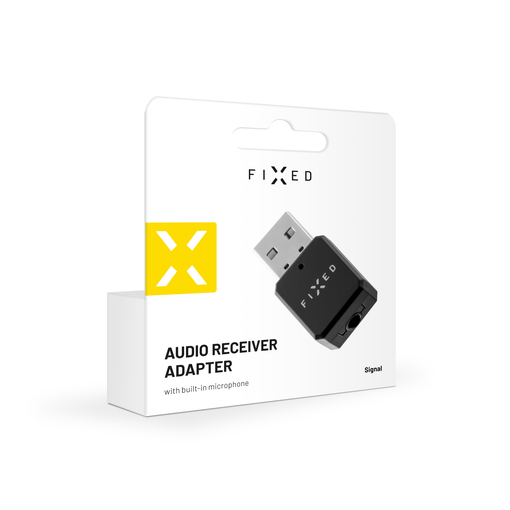 Ein schwarzer Fixed Audio Receiver Adapter in seiner weißen Einzelhandelsverpackung vor weißem Hintergrund.