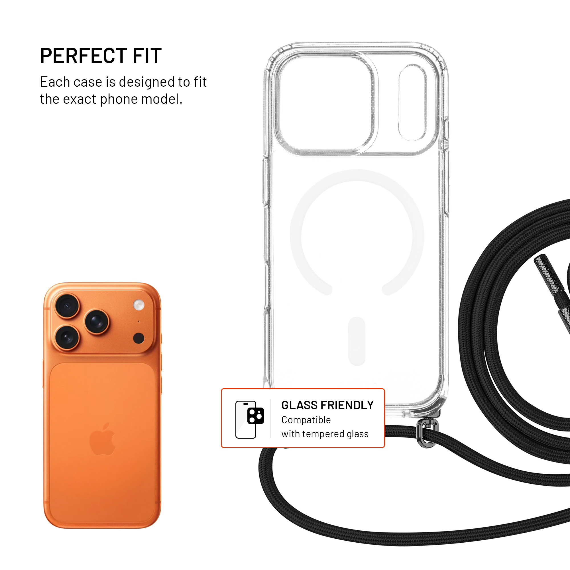 Transparente Handyhülle mit schwarzem Umhängeband und orangem Smartphone links. Text: Perfekter Sitz.