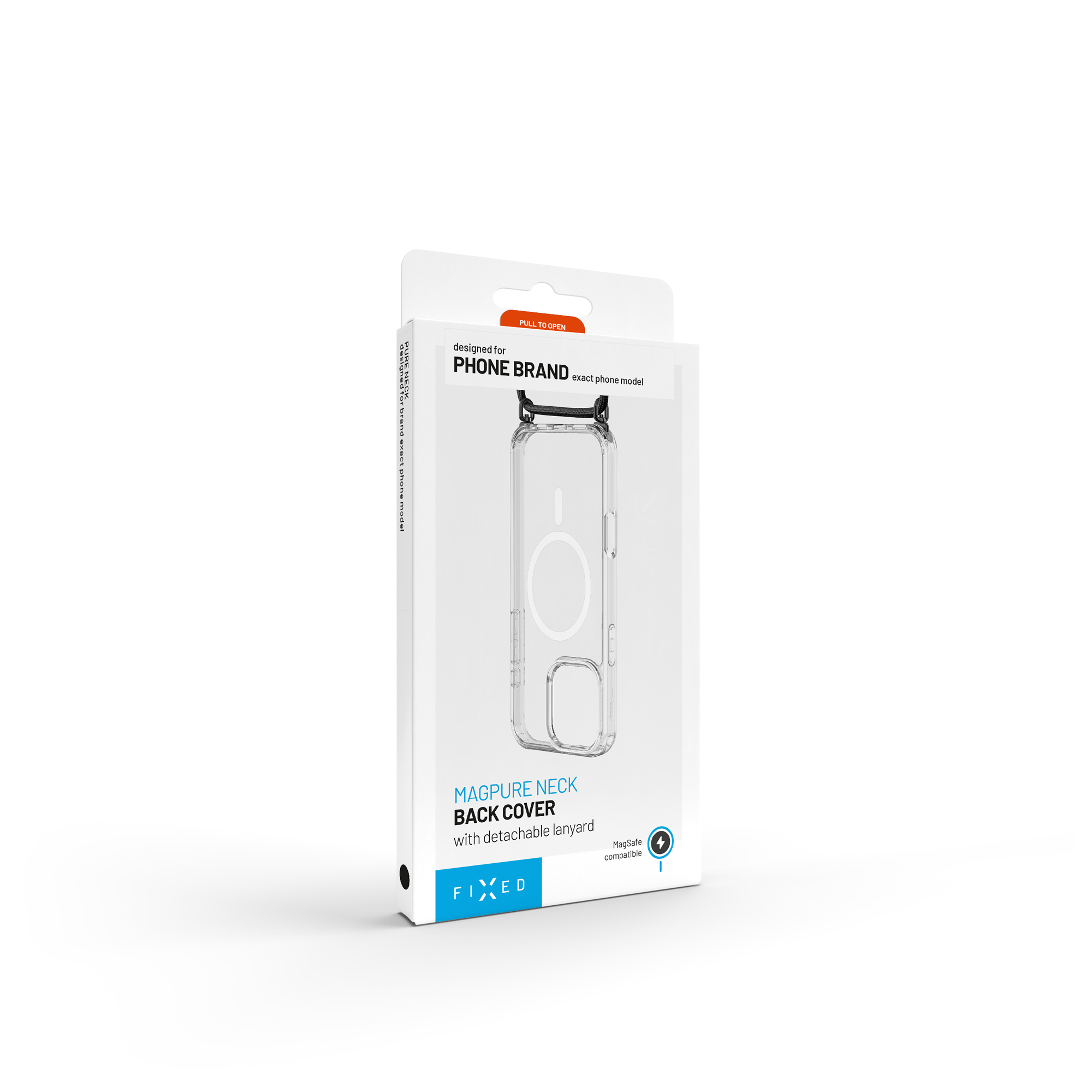 Weiße Produktverpackung für eine transparente Handyhülle mit abnehmbarem Umhängeband und MagSafe.