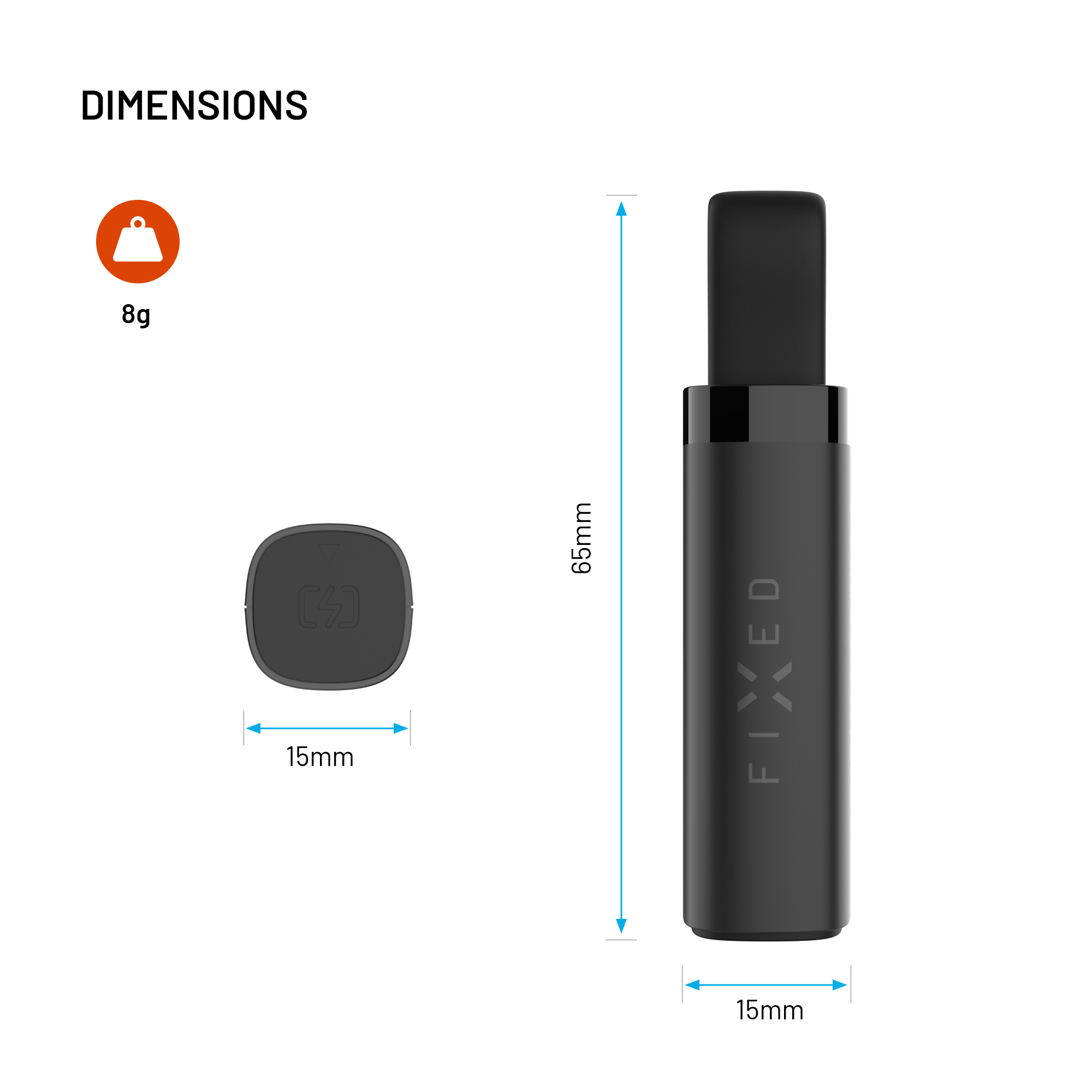 Diagramm zeigt die Abmessungen eines kleinen schwarzen Geräts mit 65mm Höhe und 15mm Breite bei 8g Gewicht.