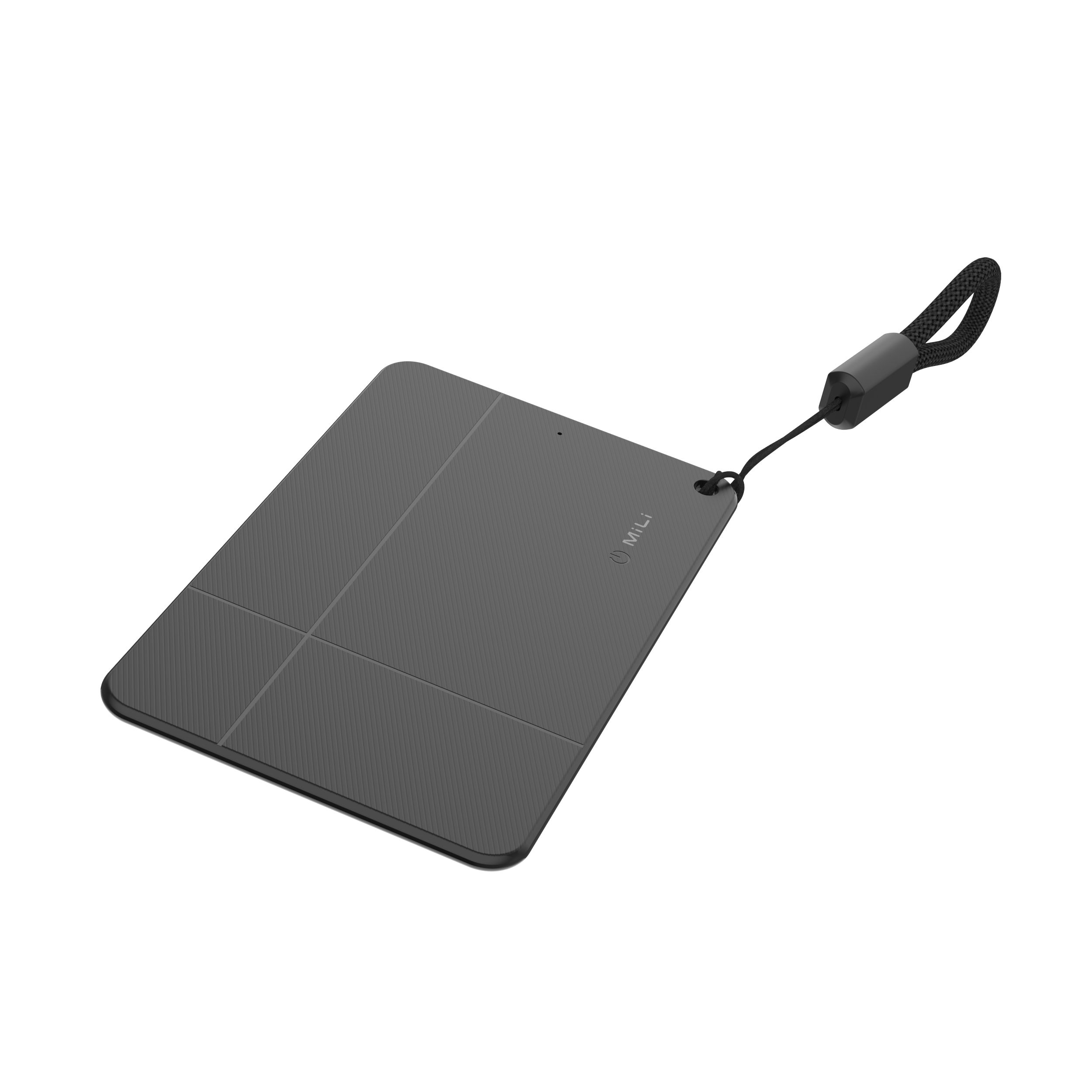 Ein schwarzer MiLi Smart-Card-Tracker mit einer befestigten Schlaufe auf weißem Hintergrund.