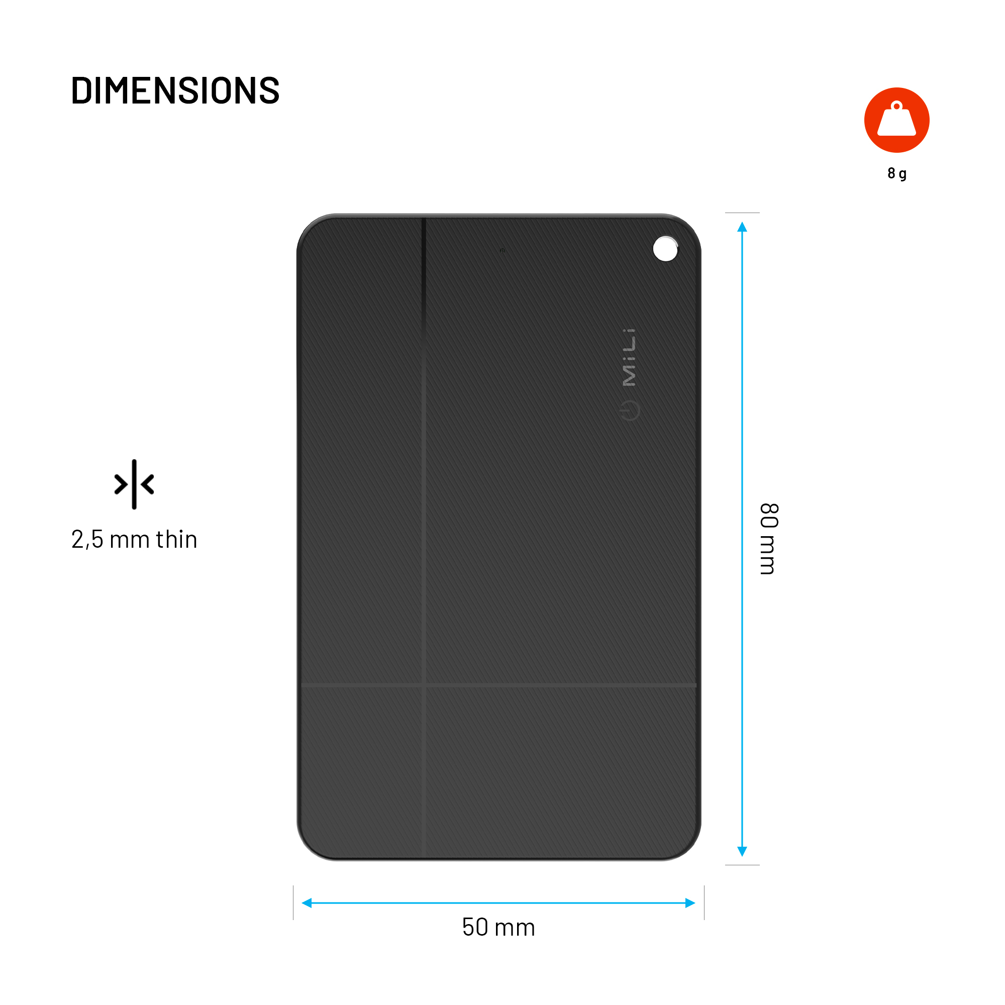 Technische Zeichnung eines schwarzen, flachen Trackers mit Abmessungen von 80x50x2.5 mm und einem Gewicht von 8 g.