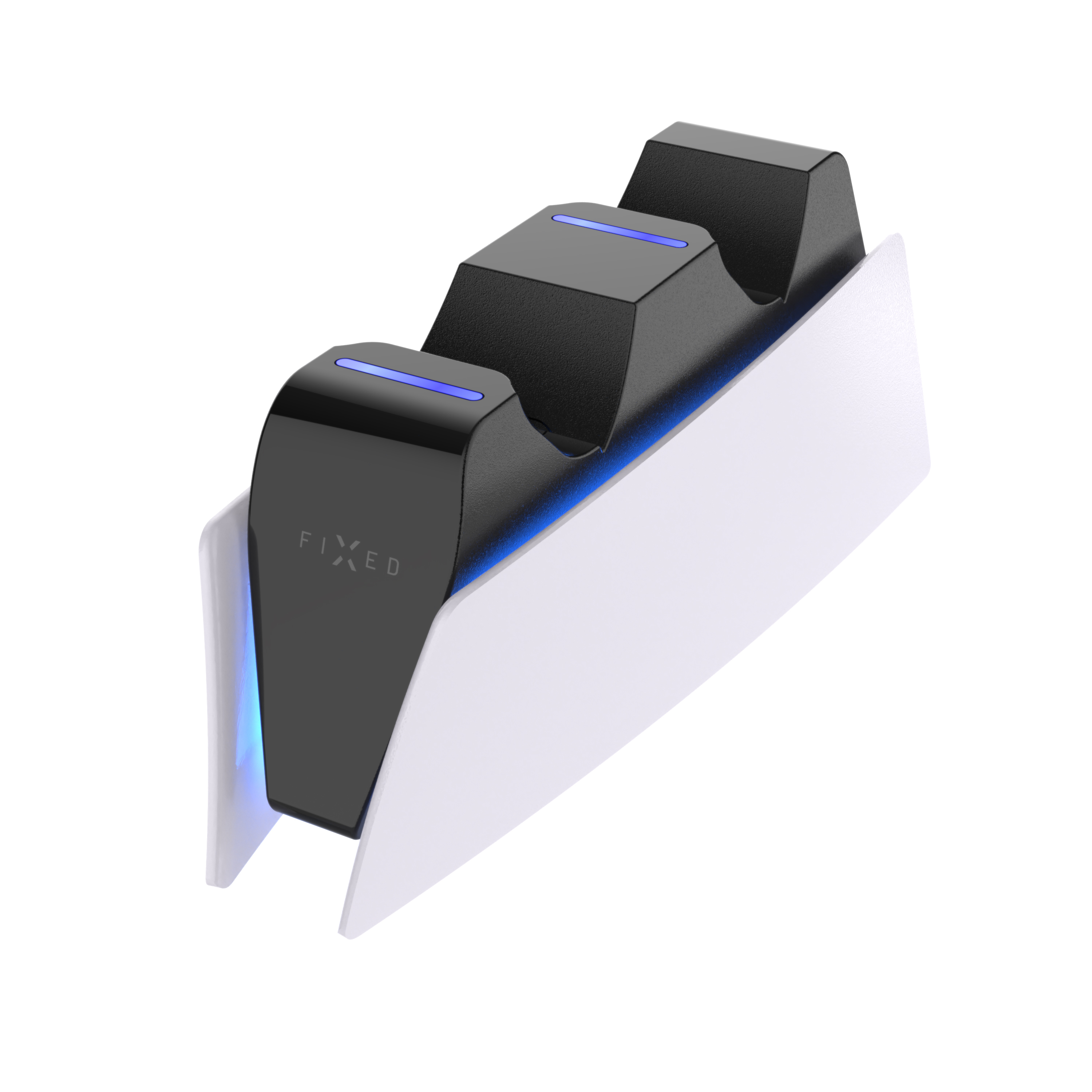 Schwarze und weiße Ladestation mit blauer Beleuchtung für Gamepads.
