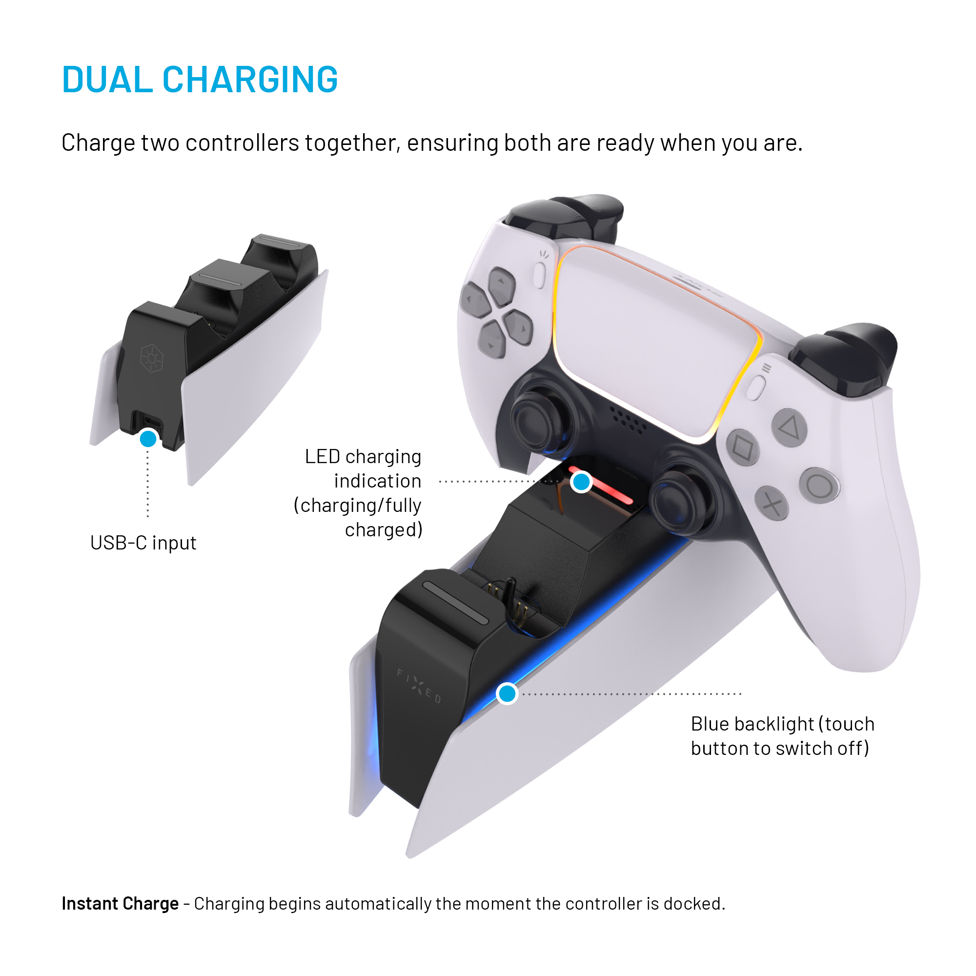 Dual-Ladestation für Controller mit USB-C, LED-Anzeige und blauer Hintergrundbeleuchtung.
