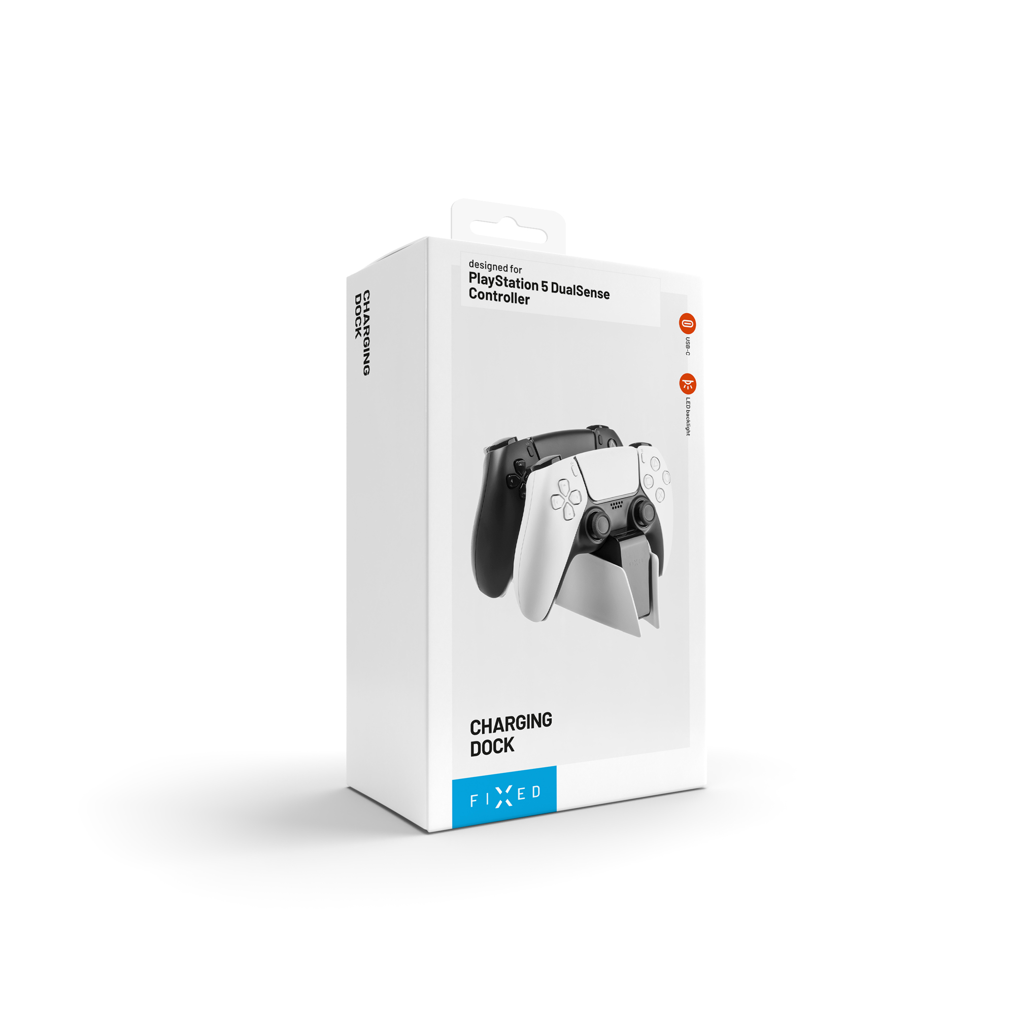 Weiß-blaue Verpackung einer DualSense Controller Ladestation auf weißem Hintergrund.