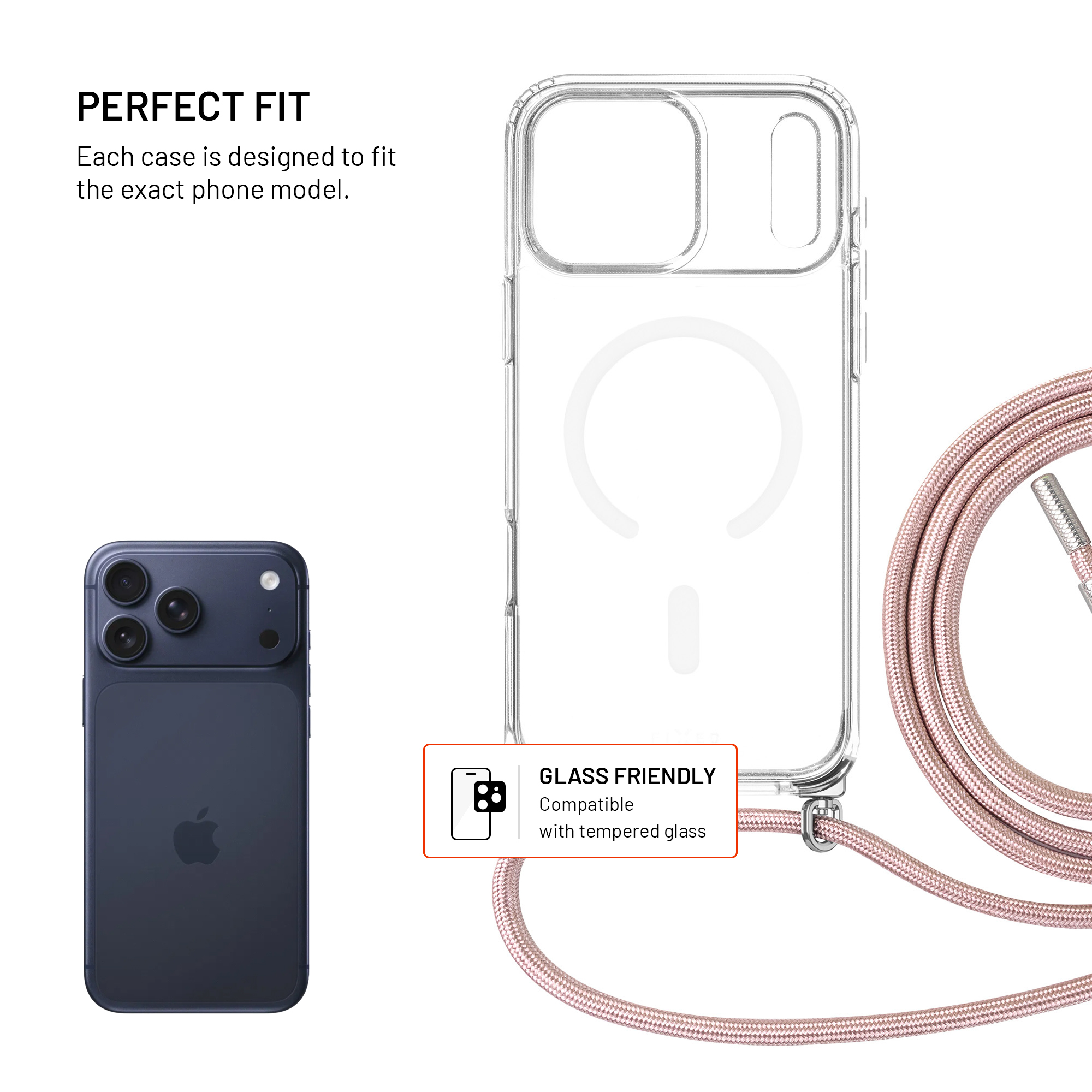 Eine transparente Handyhülle mit rosafarbenem Band neben einem blauen Smartphone und Text.