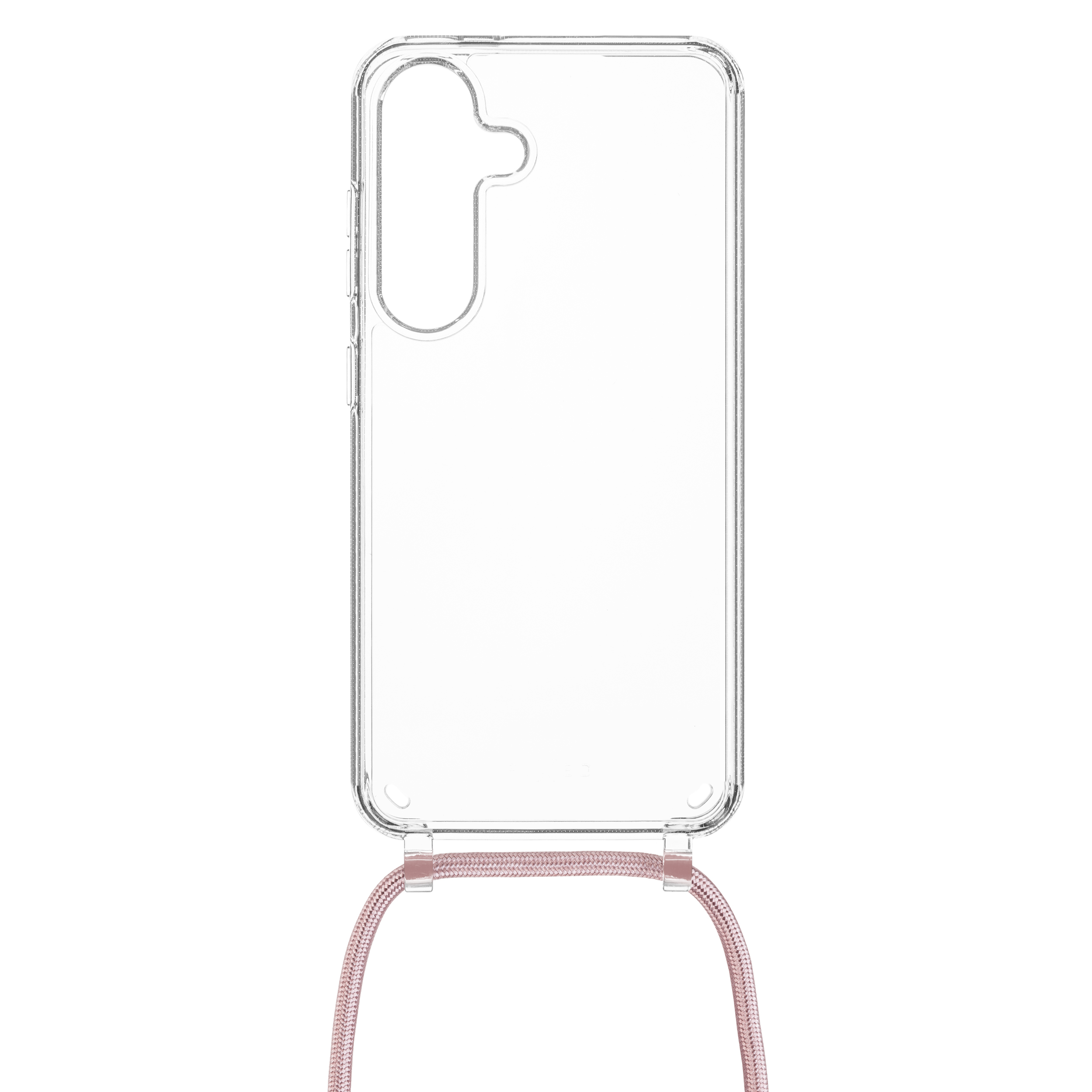 Eine durchsichtige Handyhülle mit einem rosa geflochtenen Umhängeband unten, vor weißem Hintergrund.