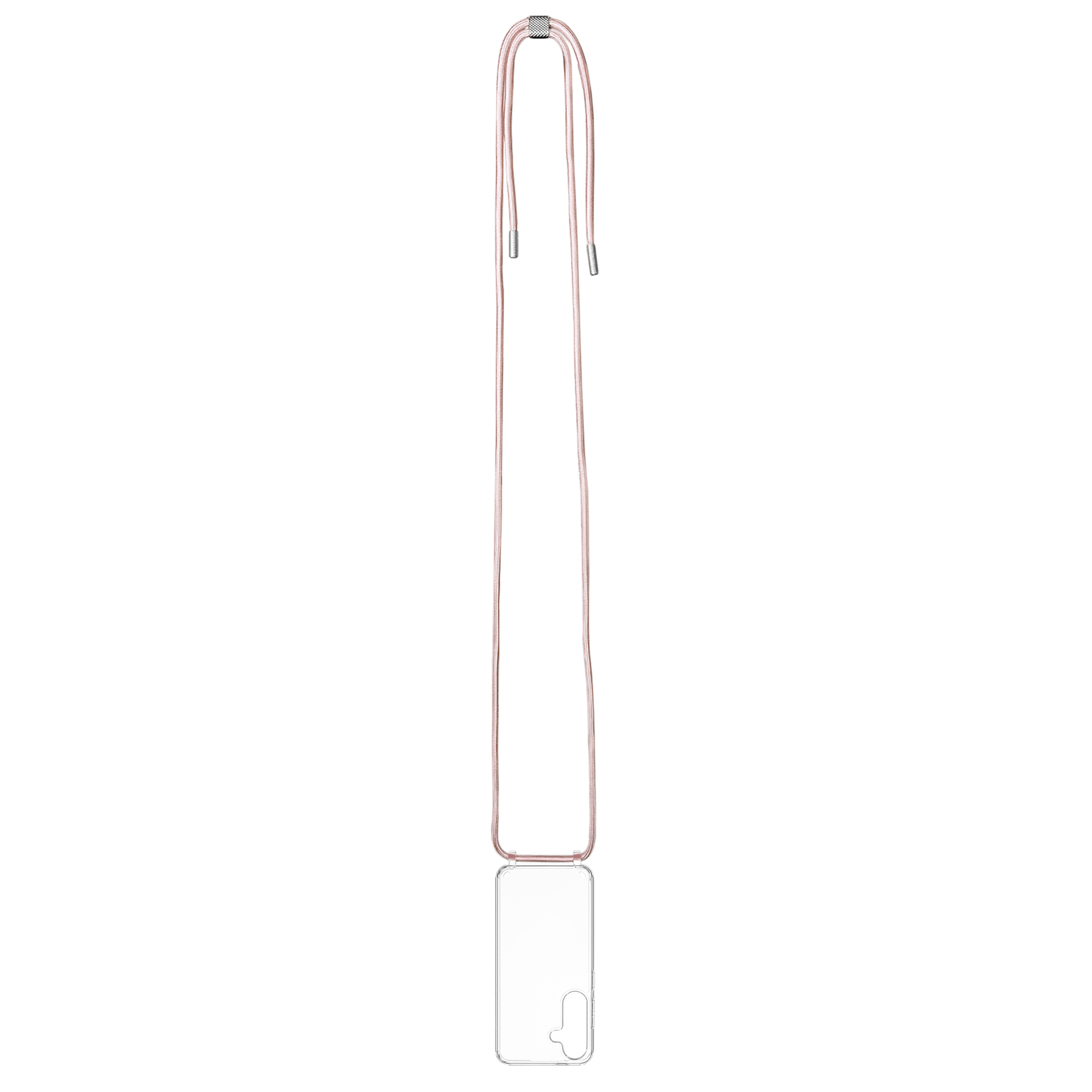 Transparente Handyhülle mit langem, rosa Umhängeband auf weißem Hintergrund.