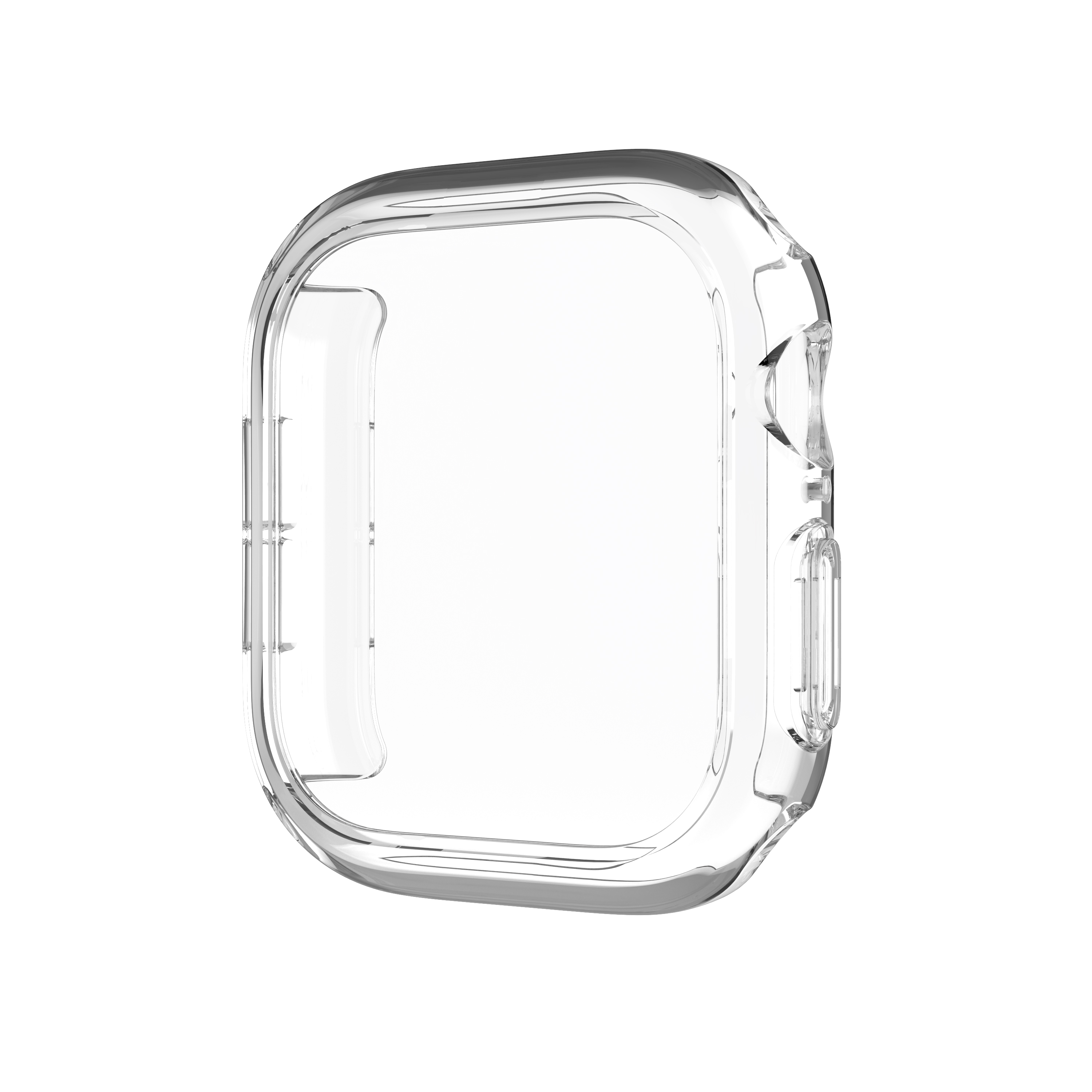 Una funda protectora transparente para reloj inteligente sobre fondo blanco.