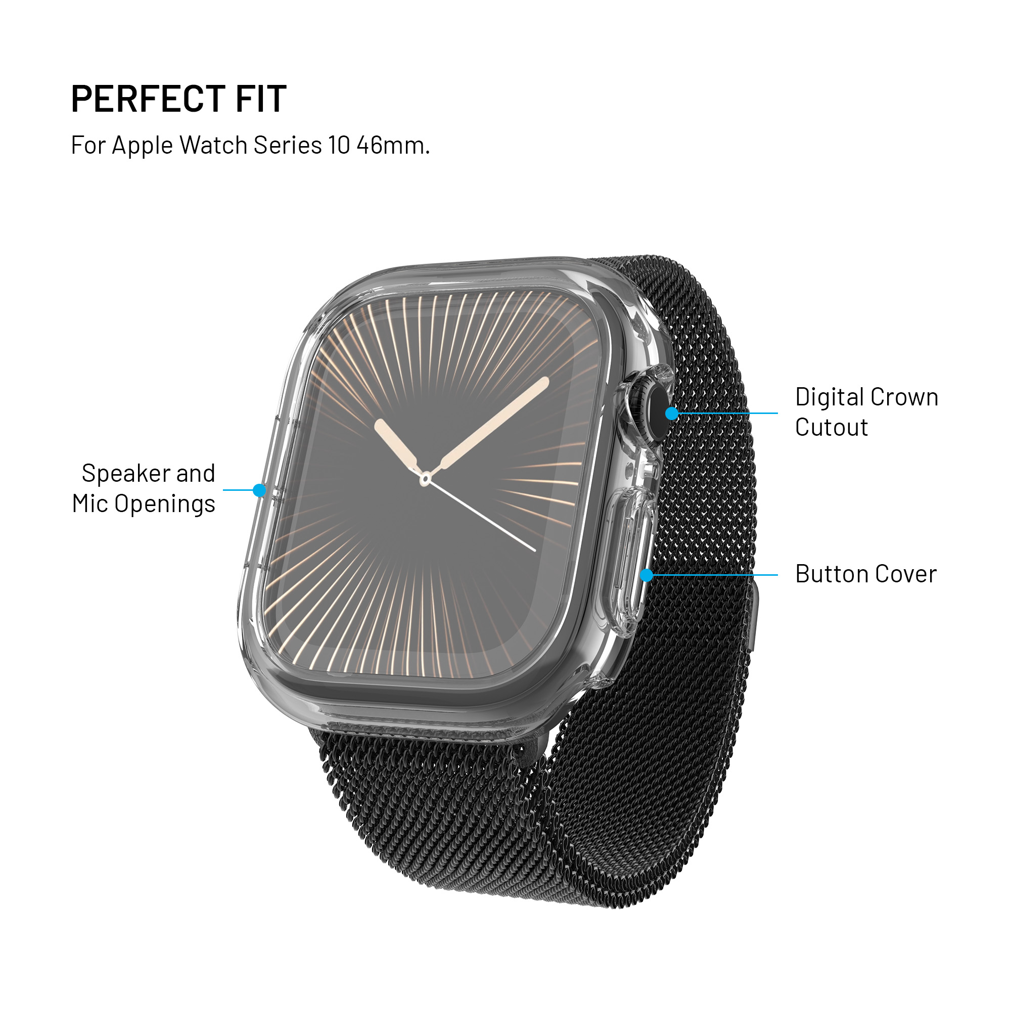Funda transparente para Apple Watch Series 10 con flechas que señalan altavoz, corona y botones.