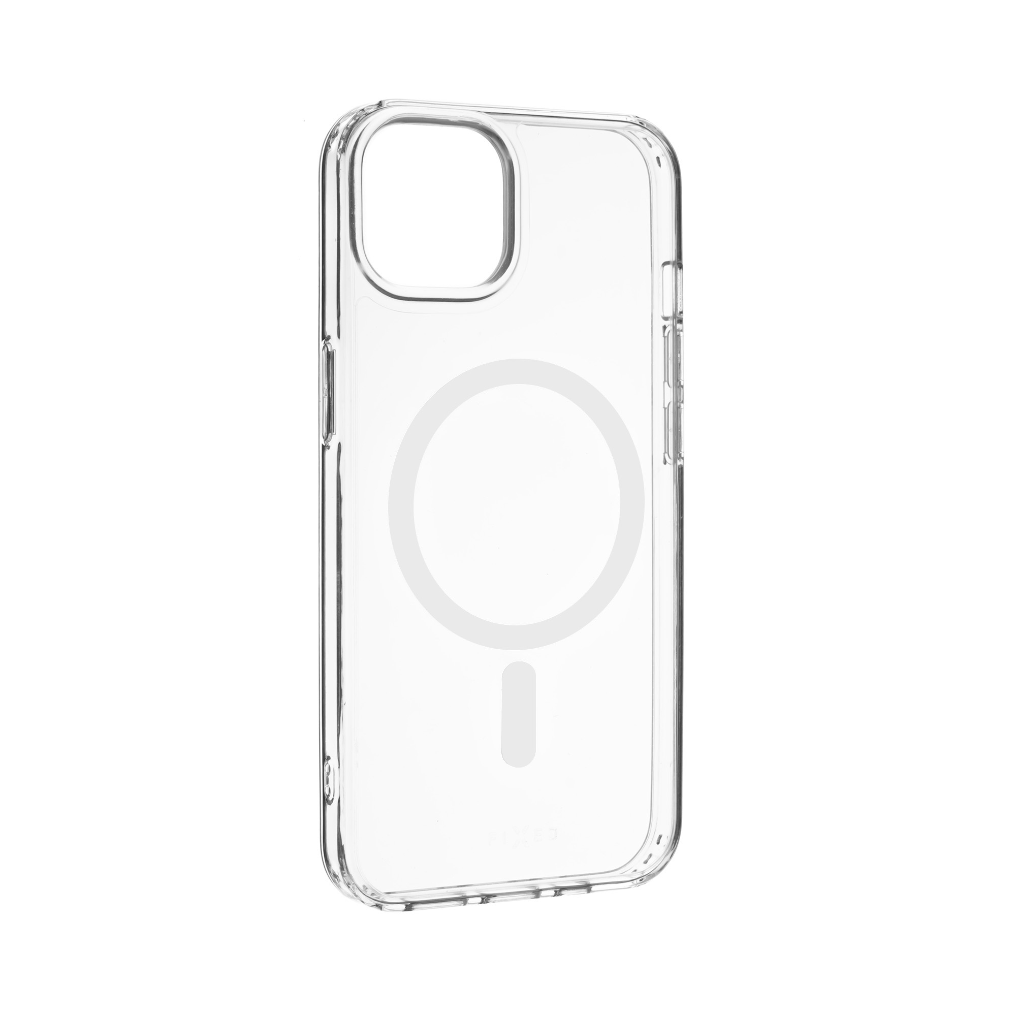 Eine transparente Smartphone-Hülle mit MagSafe-Ring auf der Rückseite, freigestellt auf weißem Grund.