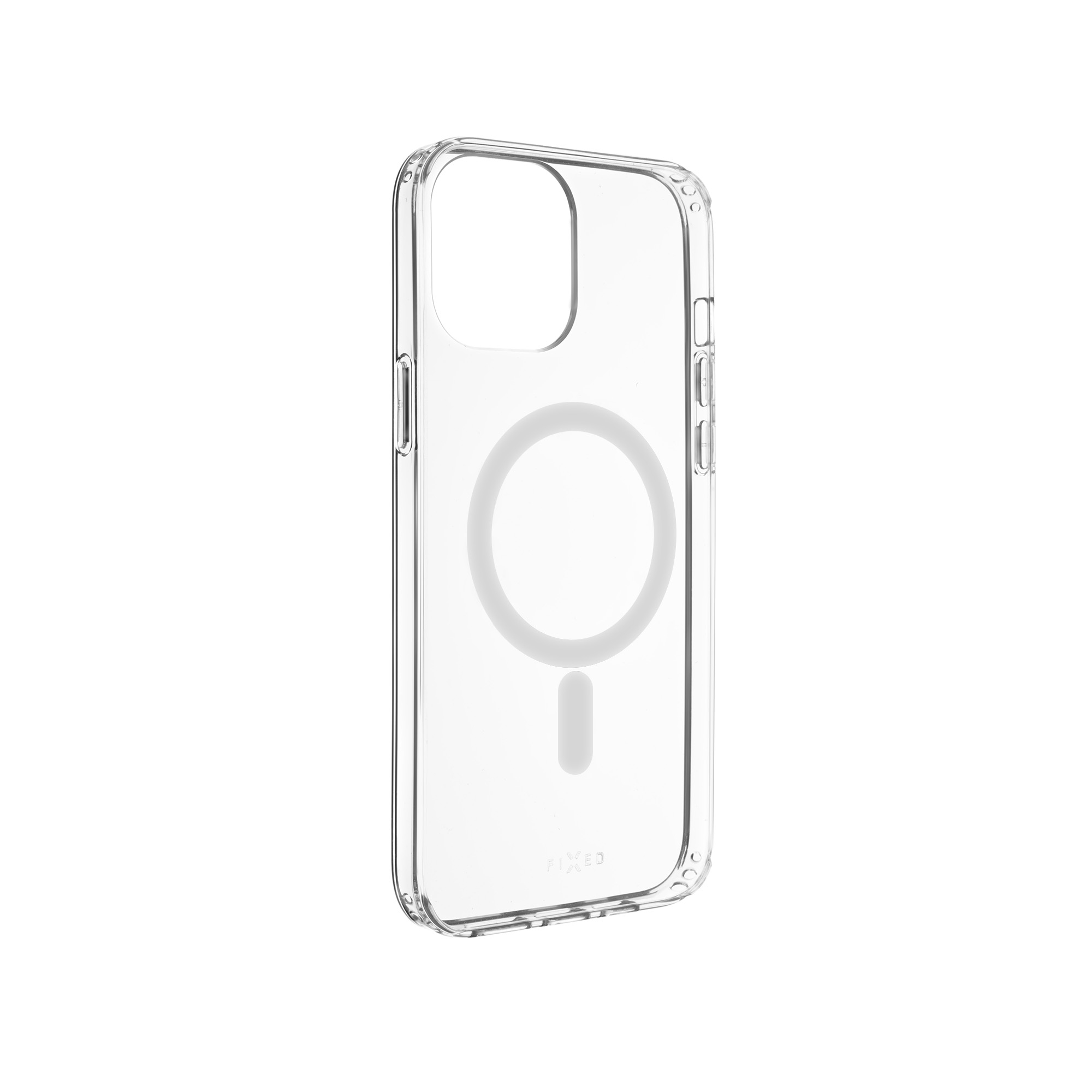 Transparente Handyhülle mit MagSafe-Kreis auf der Rückseite vor weißem Hintergrund.