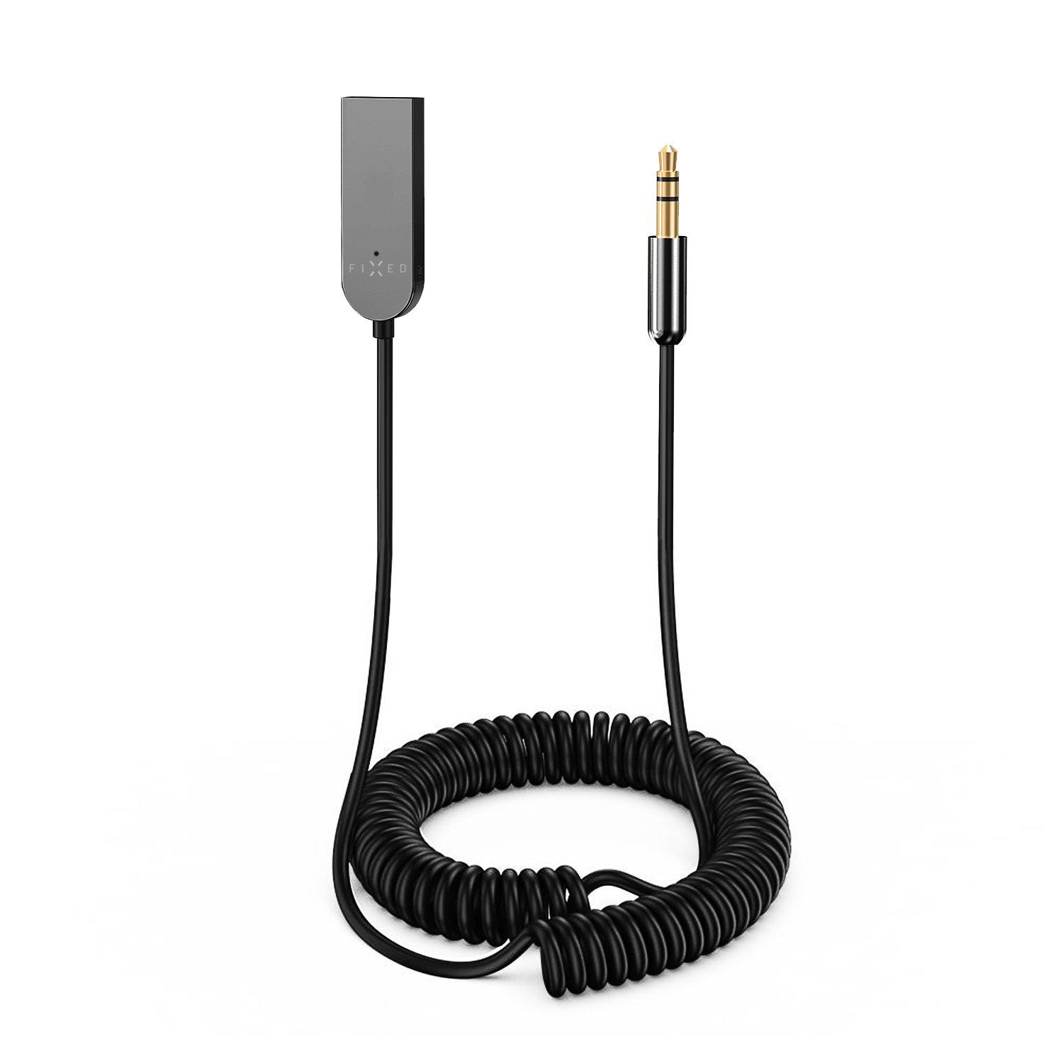Ein schwarzes Spiralkabel mit einem grauen Adapter am linken Ende und einem 3,5-mm-Klinkenstecker am rechten Ende.