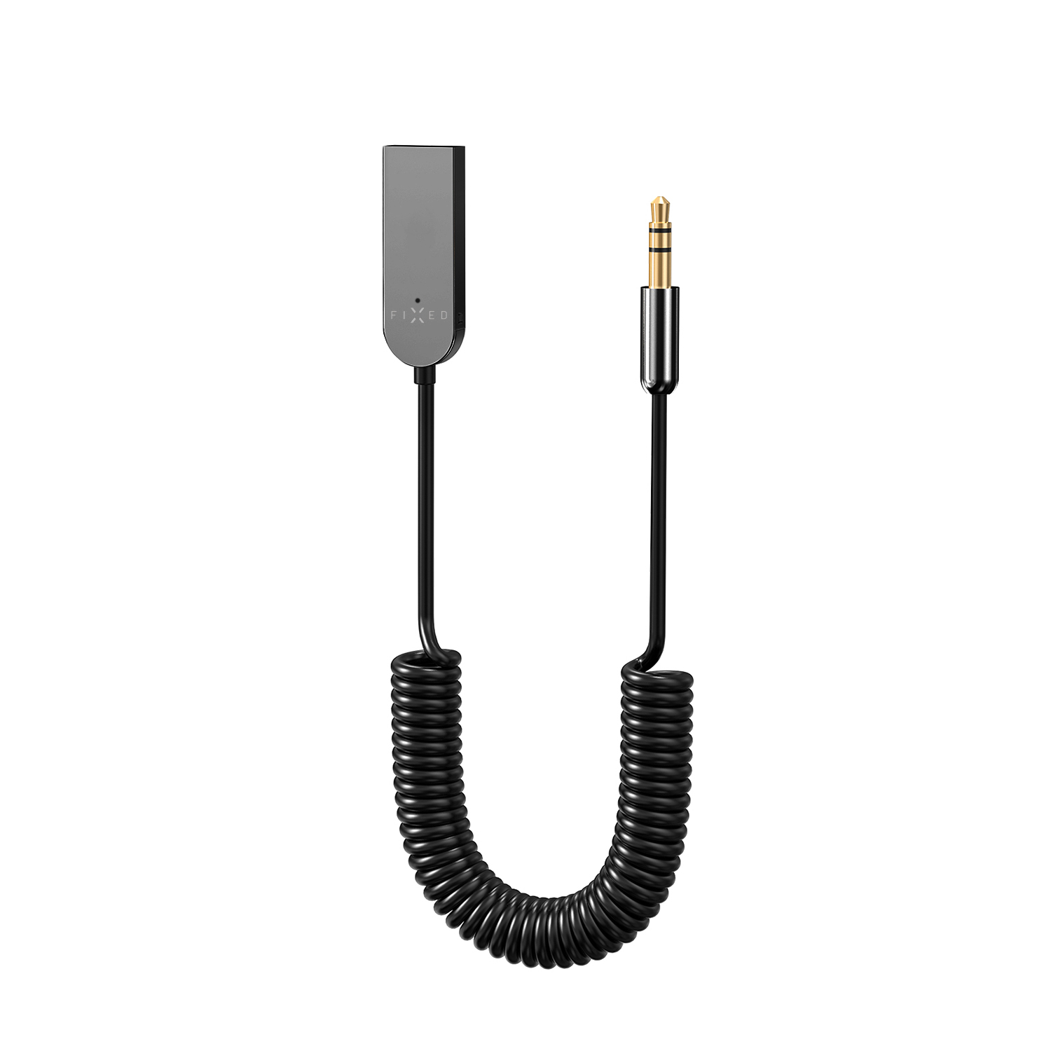 Ein schwarzes Spiralkabel mit USB-C-Anschluss links und 3,5-mm-Klinkenstecker rechts auf weißem Hintergrund.