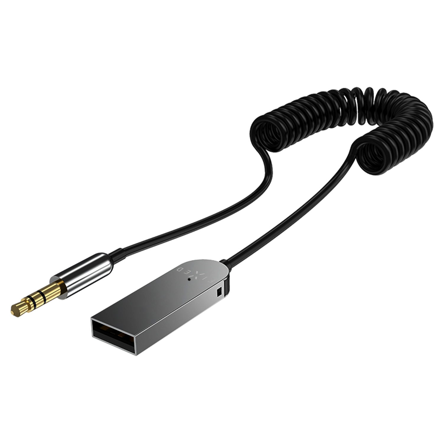 Ein schwarzes Spiralkabel mit einem USB-A-Anschluss und einer goldenen 3,5-mm-Klinkenbuchse auf weißem Hintergrund.