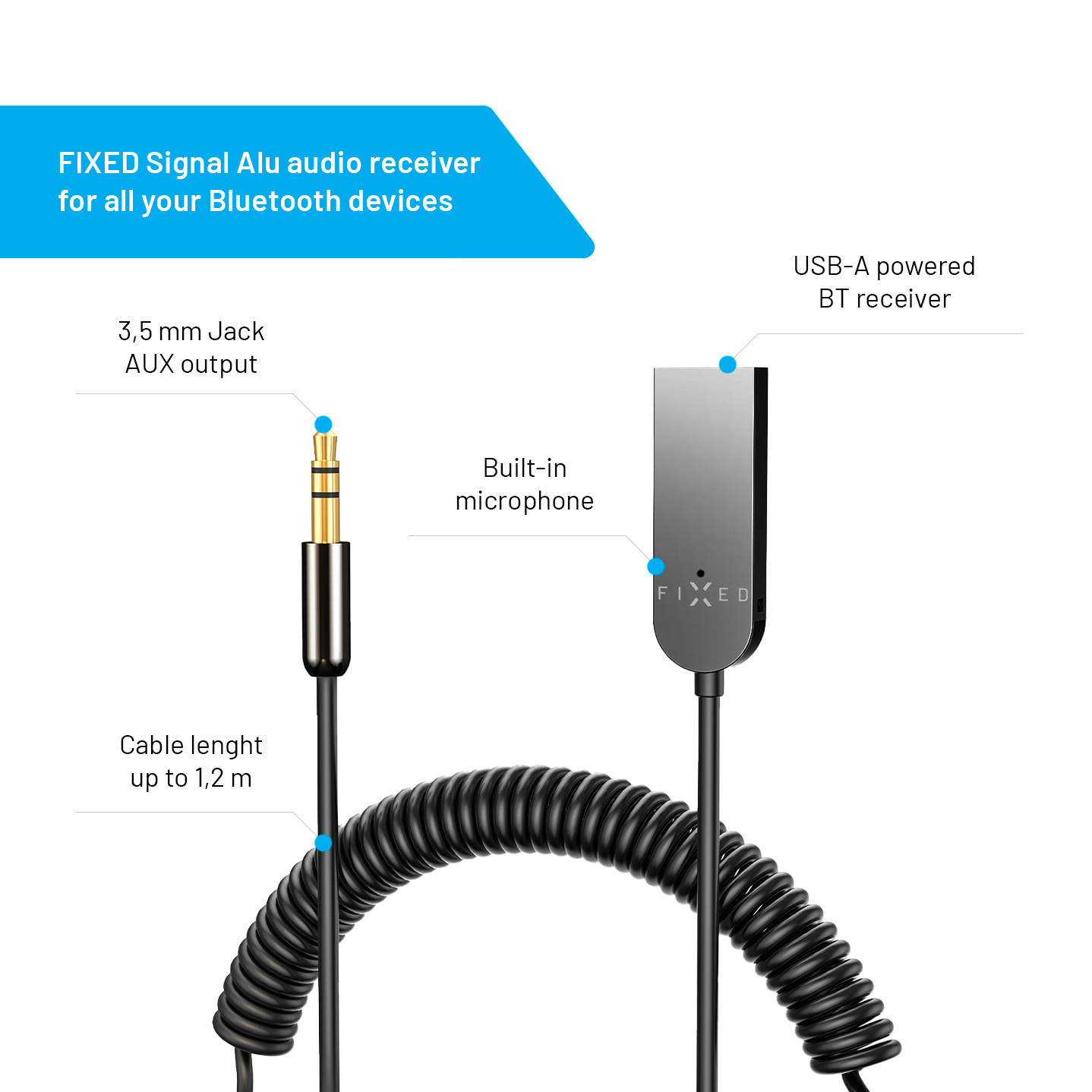 FIXED Signal Alu Audio-Empfänger mit 3,5-mm-Klinke und USB-A-Anschluss.