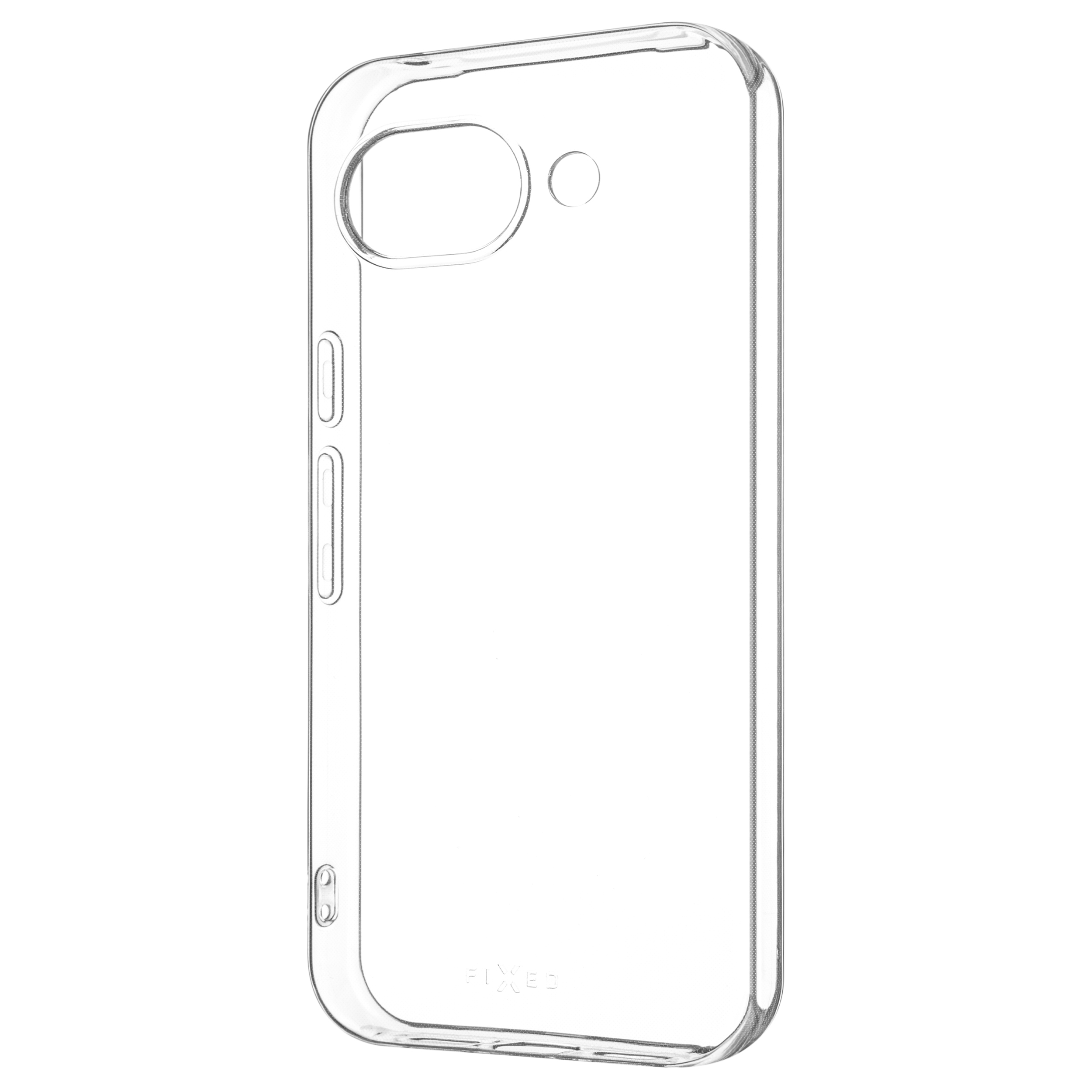 Eine transparente Handyhülle mit Ausschnitten für Kamera und Tasten vor weißem Hintergrund.