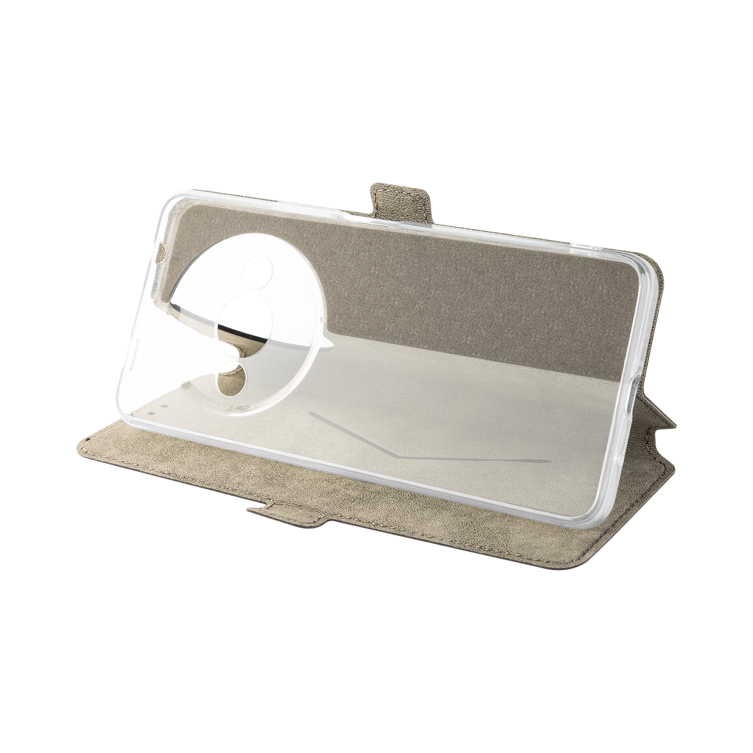Beige smartphone flip case mit transparentem silikonrahmen auf weißem hintergrund.