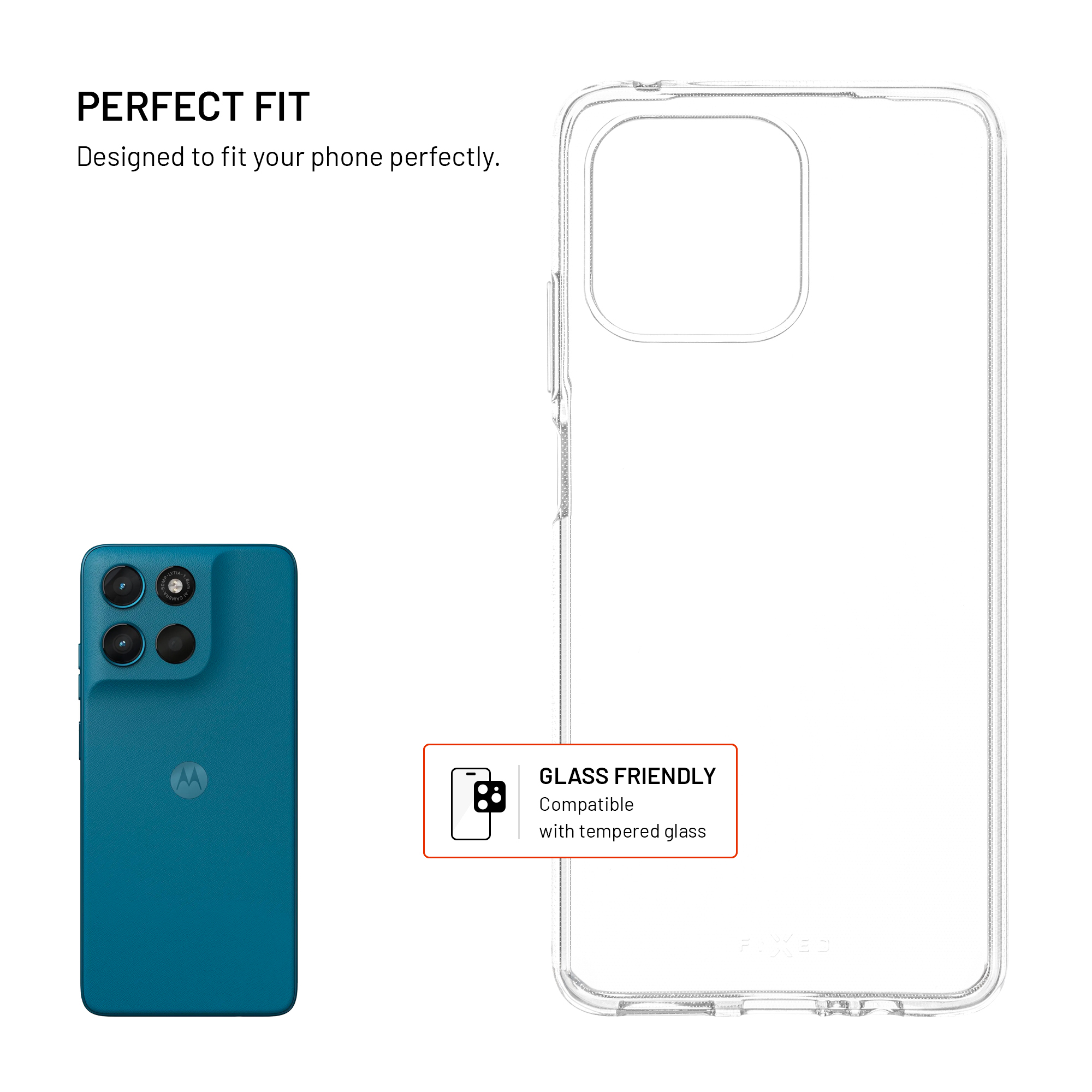 Eine transparente Handyhülle neben einem blauen Smartphone mit Text über perfekte Passform.