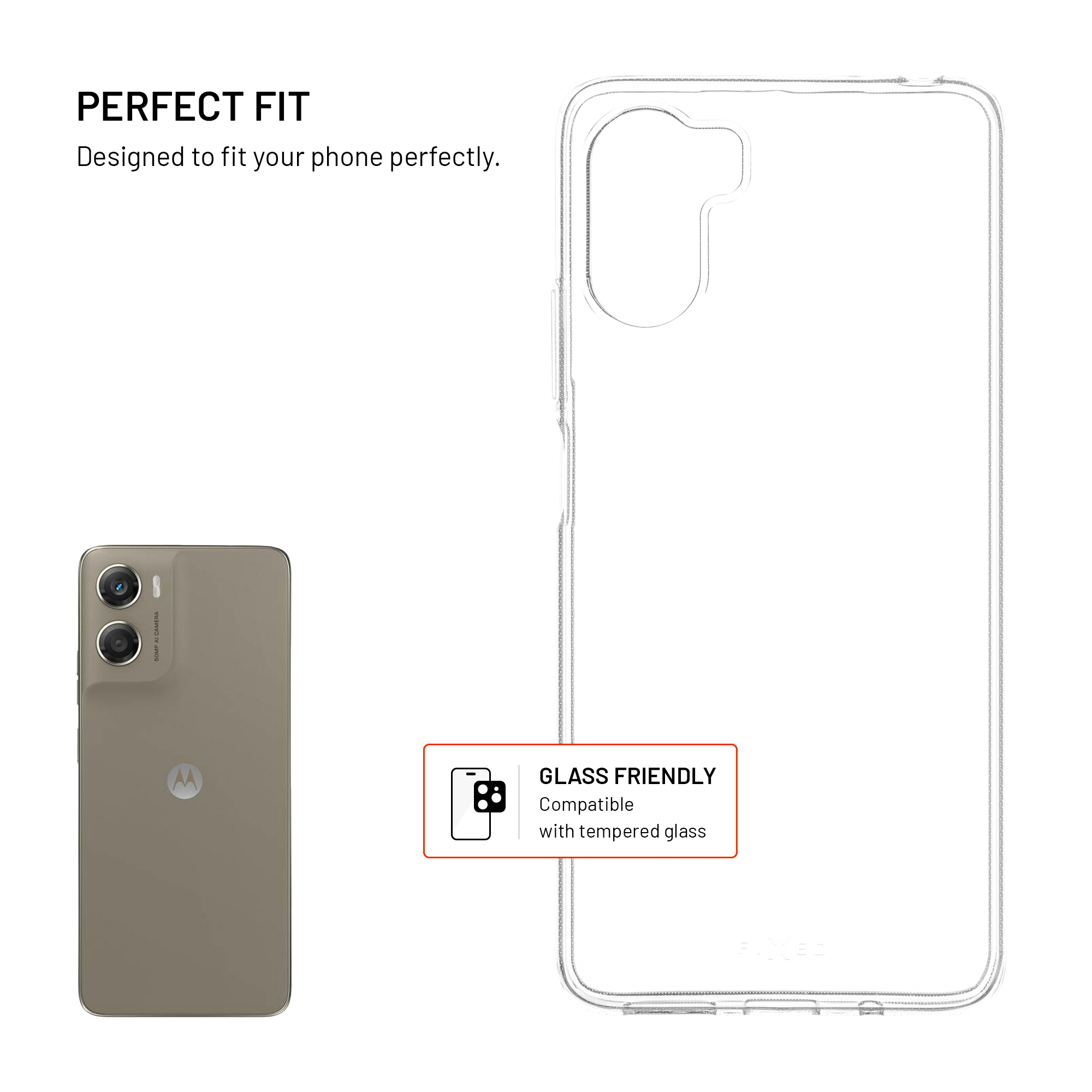 Transparente Handyhülle mit passendem grauem Smartphone und dem Text "PERFECT FIT" und "GLASS FRIENDLY".