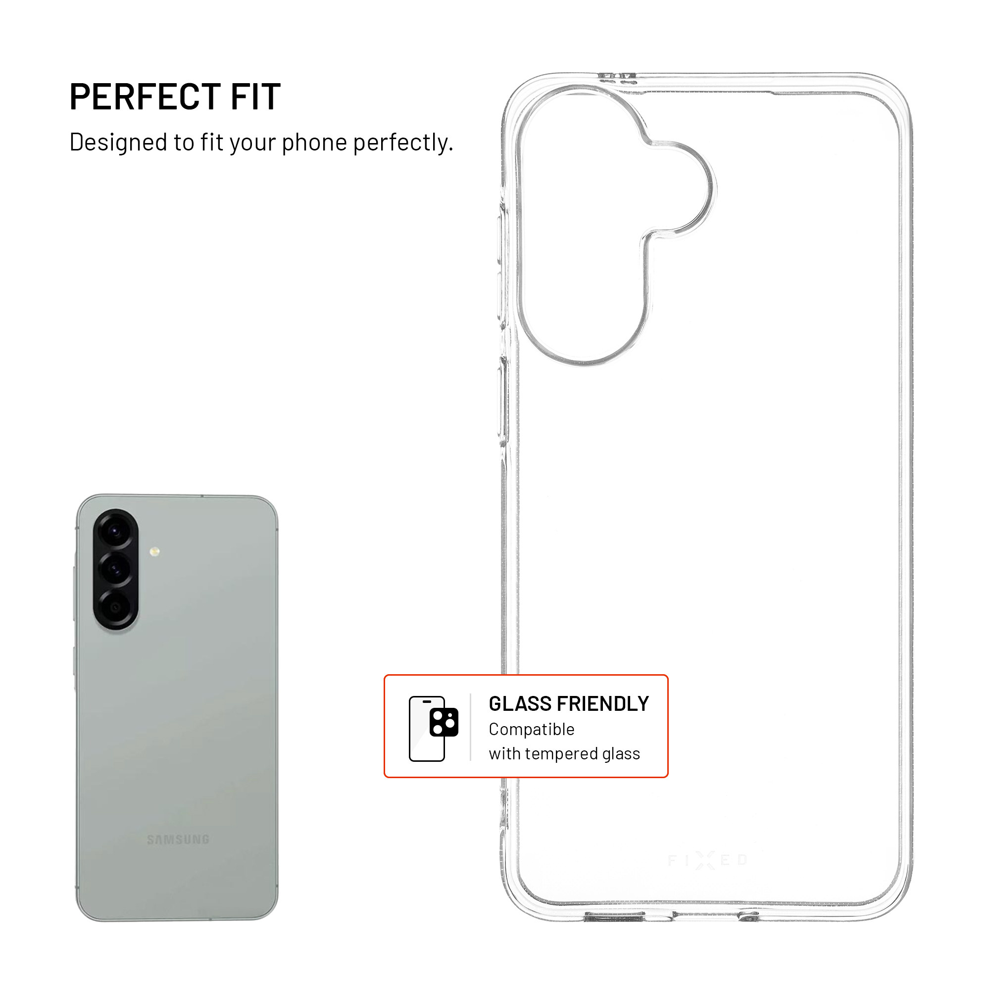 Transparente Handyhülle mit Text "PERFECT FIT" und einem Samsung-Smartphone daneben auf weißem Hintergrund.