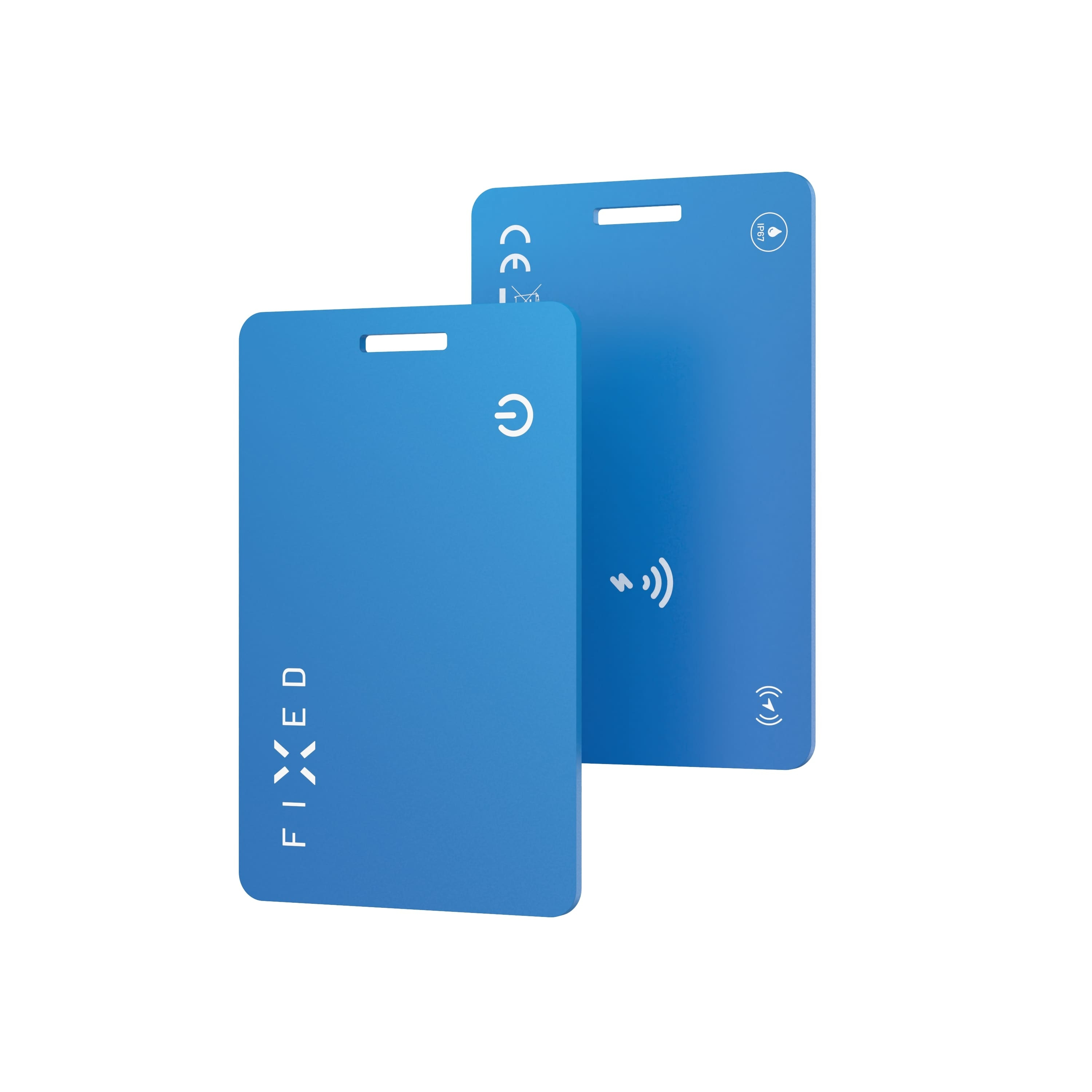Zwei blaue rechteckige FIXED Smart Tags mit weißen Symbolen und Text auf weißem Hintergrund.
