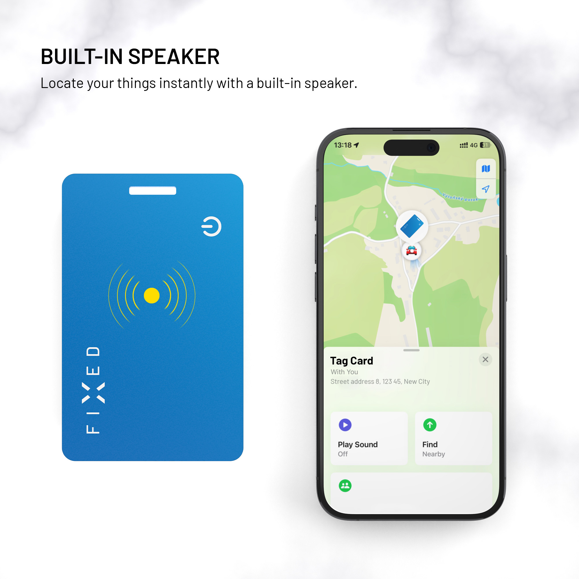 Blaue FIXED-Tracker-Karte neben einem Smartphone mit Standort-App auf dem Display.