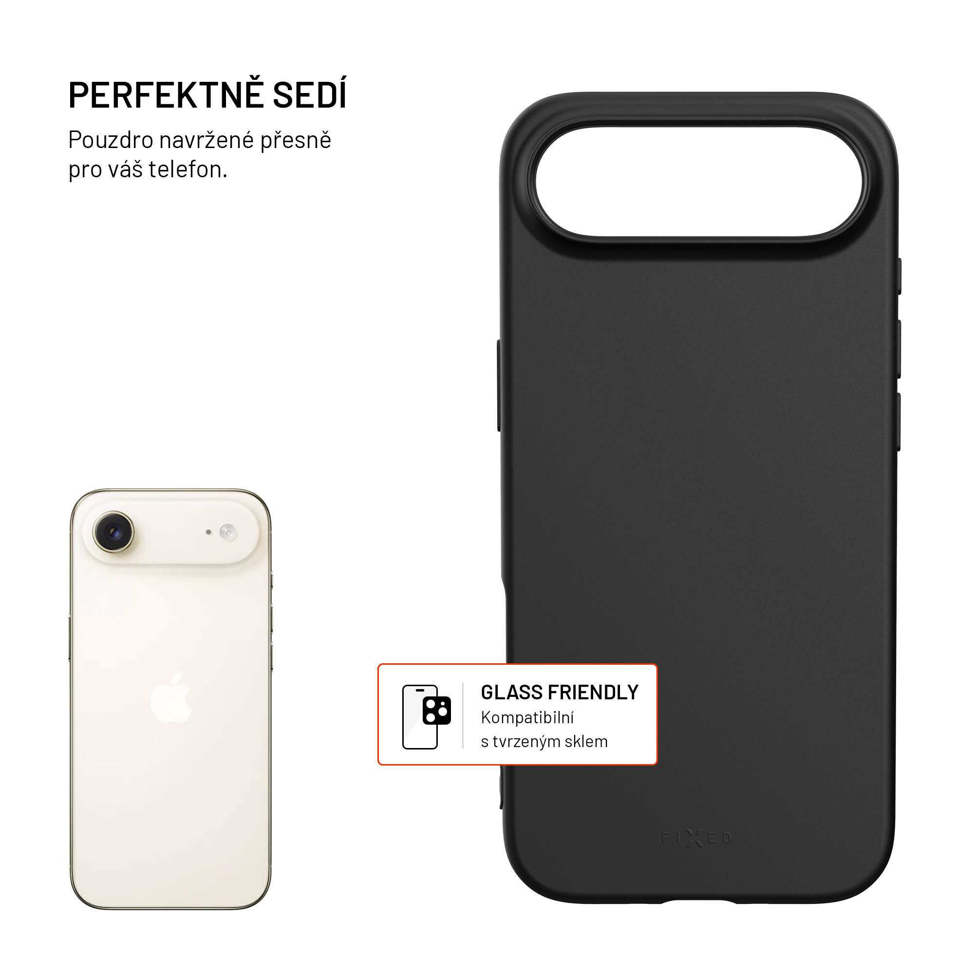 Ein weißes Smartphone neben einer schwarzen Schutzhülle mit Glasfreundlich-Label.
