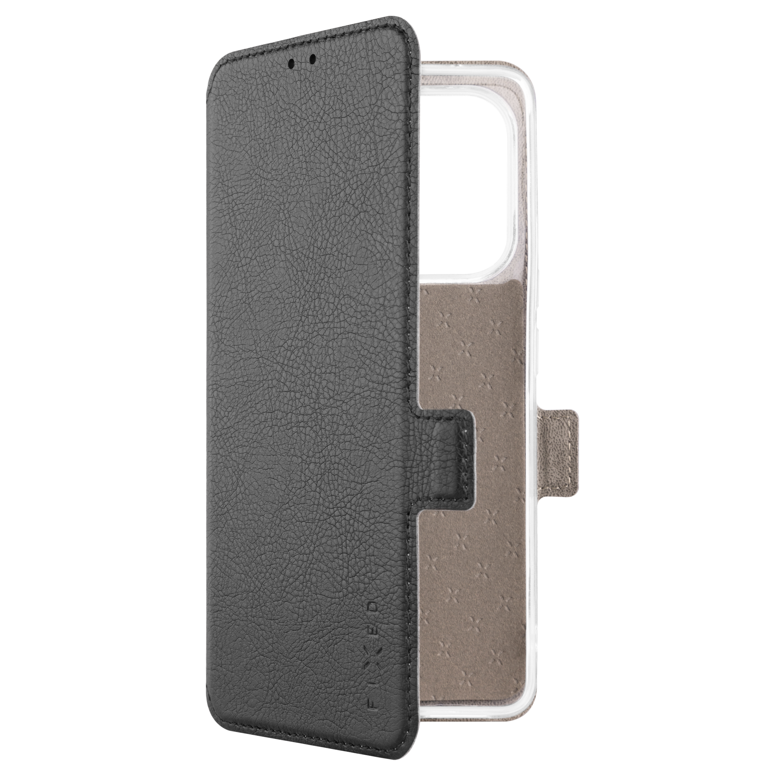 Ein schwarzes Leder-Flip-Phone-Case mit offenem Deckel, das das Innenfutter zeigt.