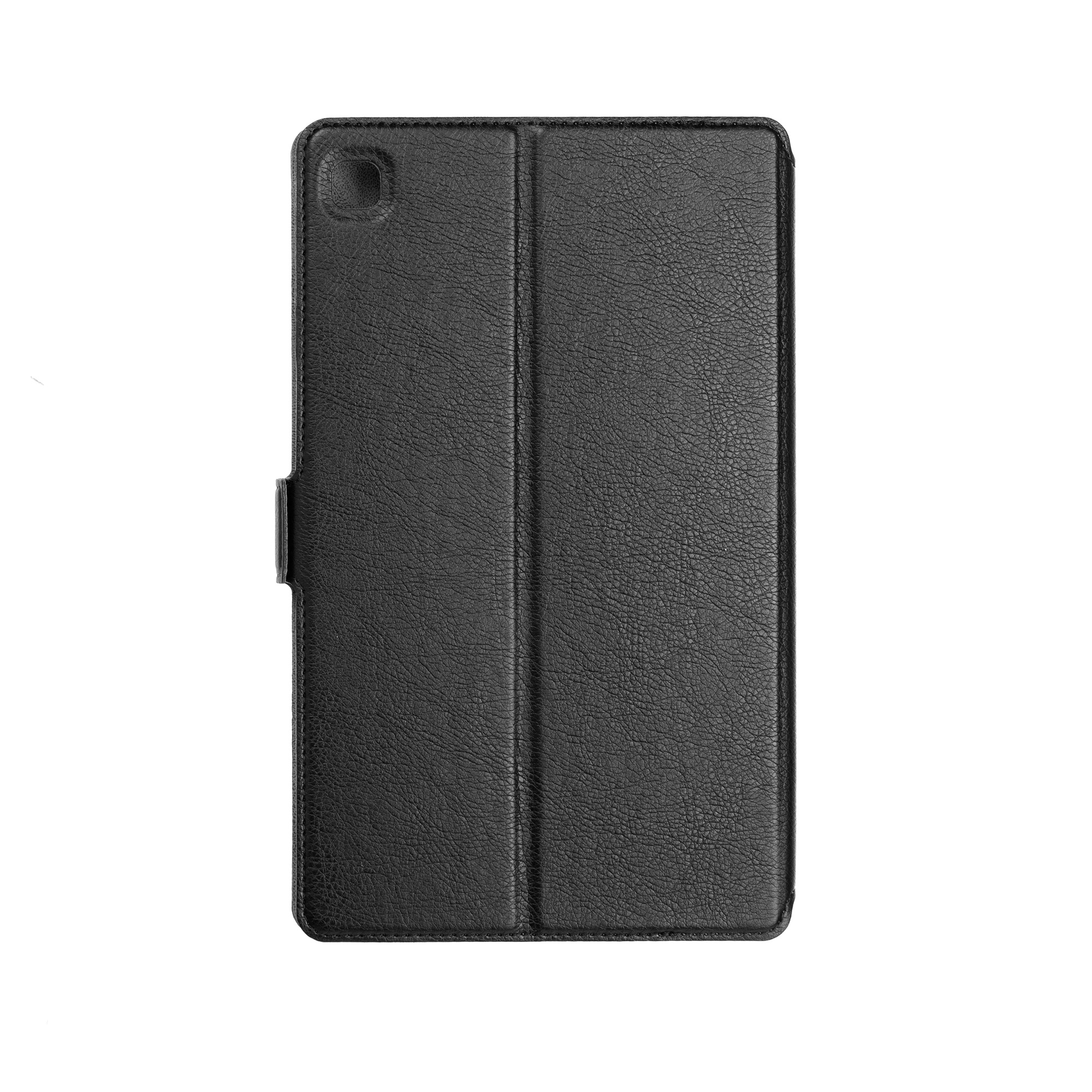 Eine geschlossene schwarze Tablet-Hülle mit Lederstruktur und Kameraaussparung auf weißem Hintergrund.