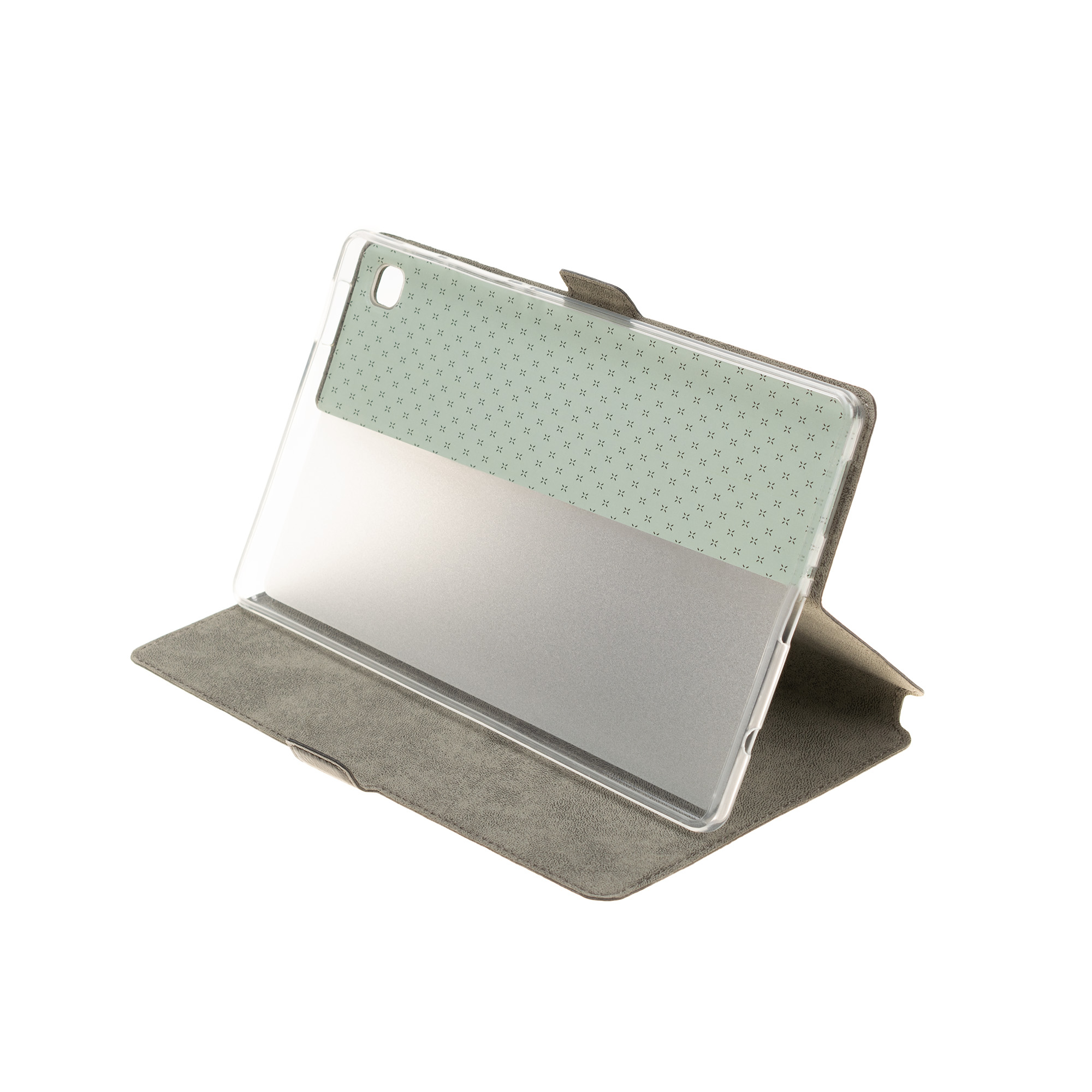 Eine graue Tablet-Hülle steht offen auf weißem Grund und zeigt innen ein grünes Muster und eine klare Rückseite.