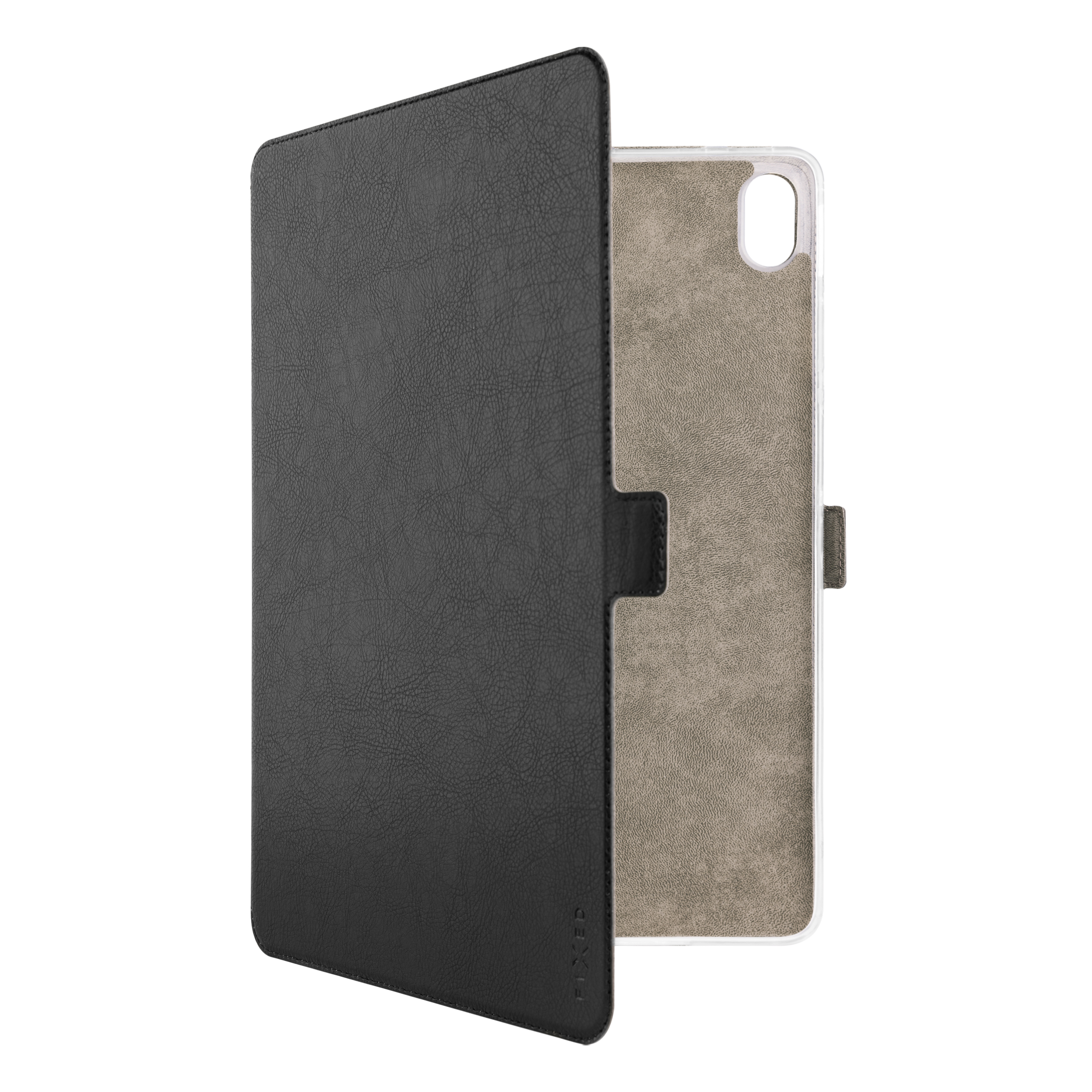 Una funda negra para tablet con solapa y forro interior gris sobre fondo blanco.