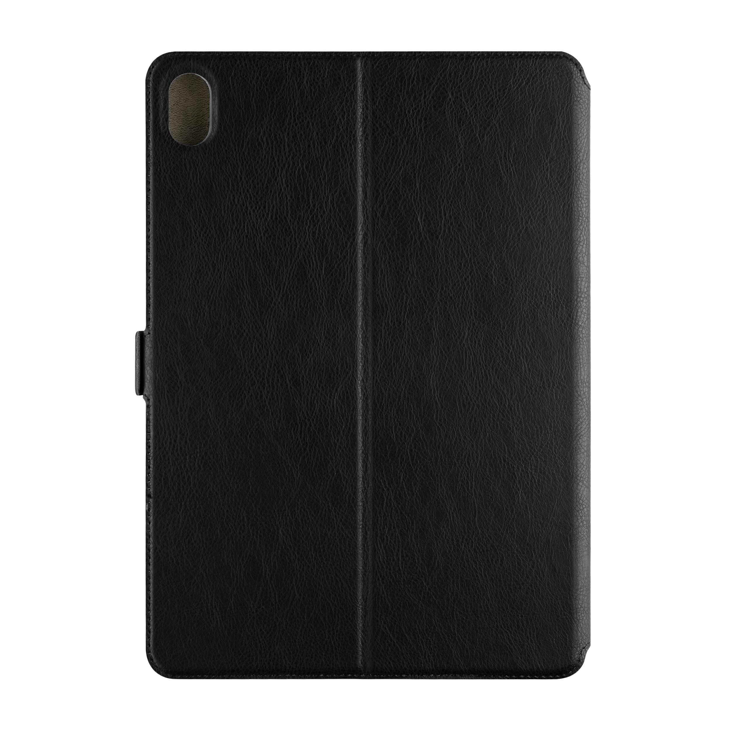 Una funda de cuero negro para tablet con un recorte para la cámara en la esquina superior izquierda.