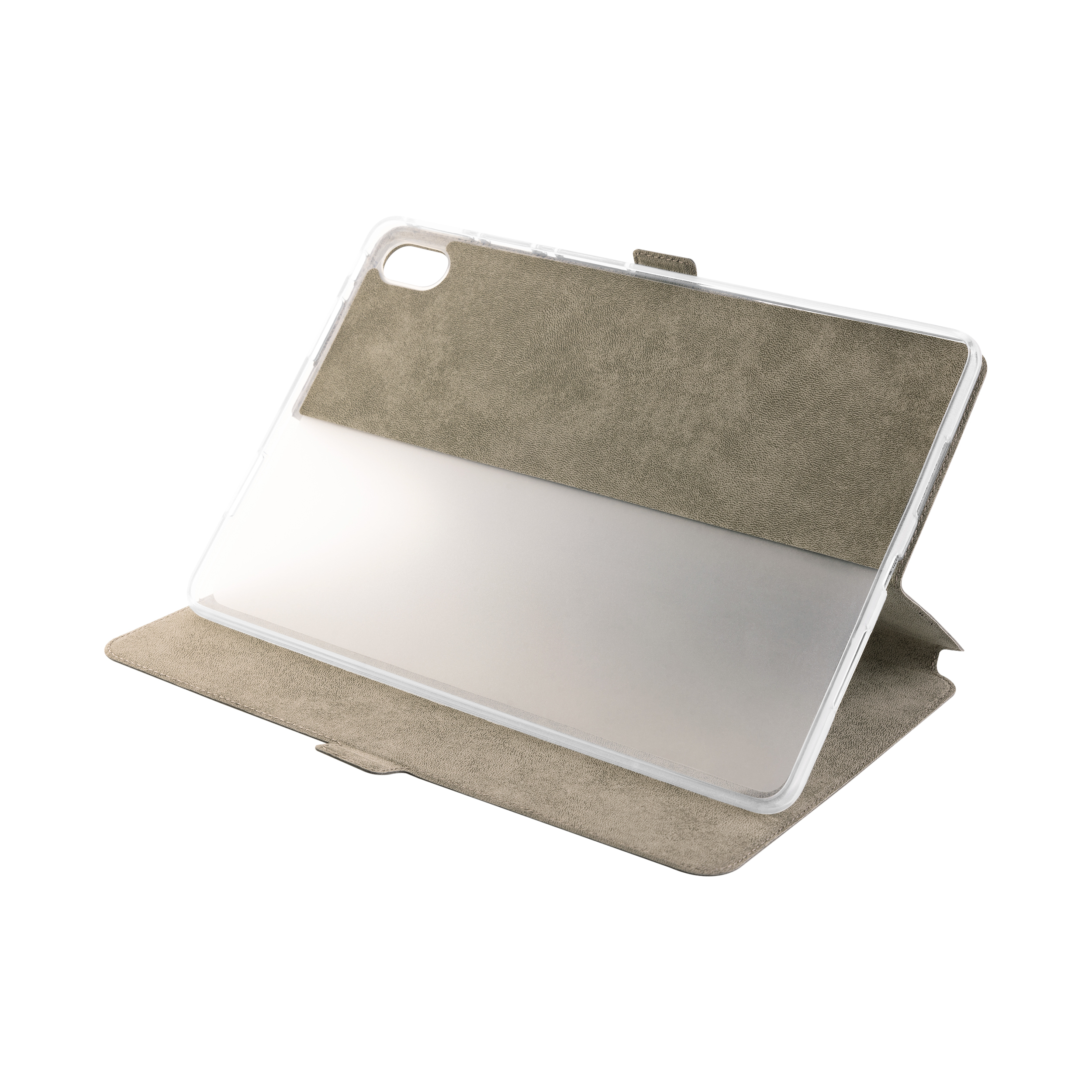 Una funda gris para tablet con parte trasera transparente, abierta sobre fondo blanco.