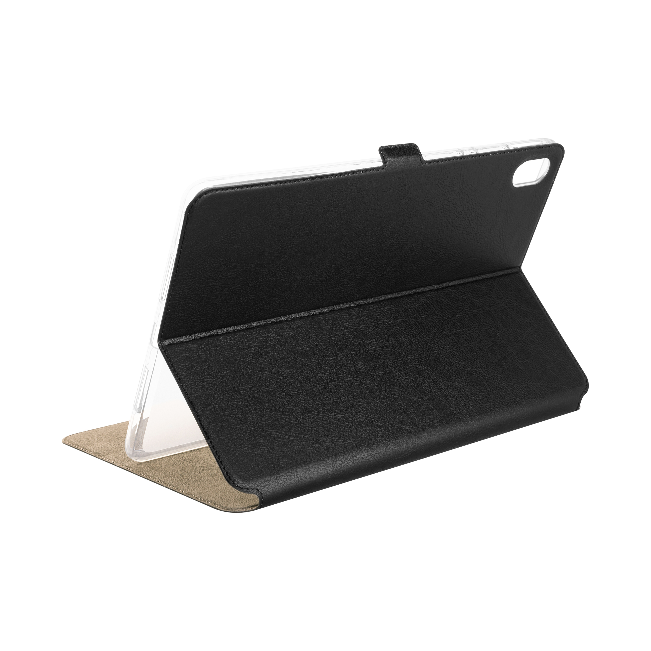 Una funda negra para tablet en posición de pie con parte trasera transparente sobre fondo blanco.