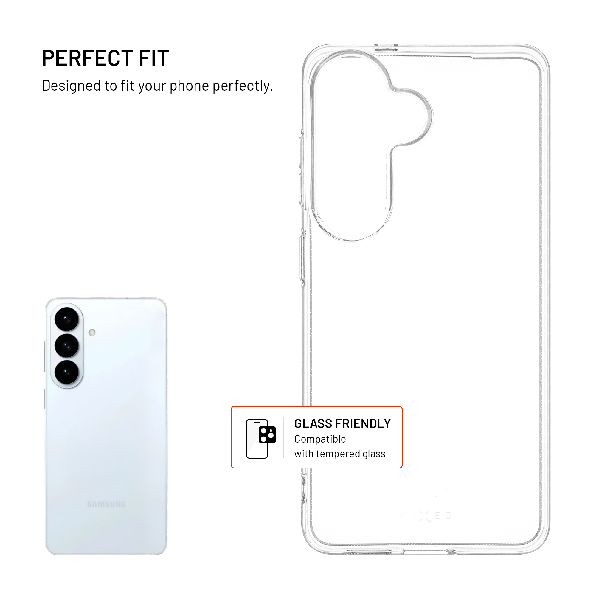 Transparente Schutzhülle und weißes Smartphone mit drei Kameraobjektiven und dem Text Perfect Fit.