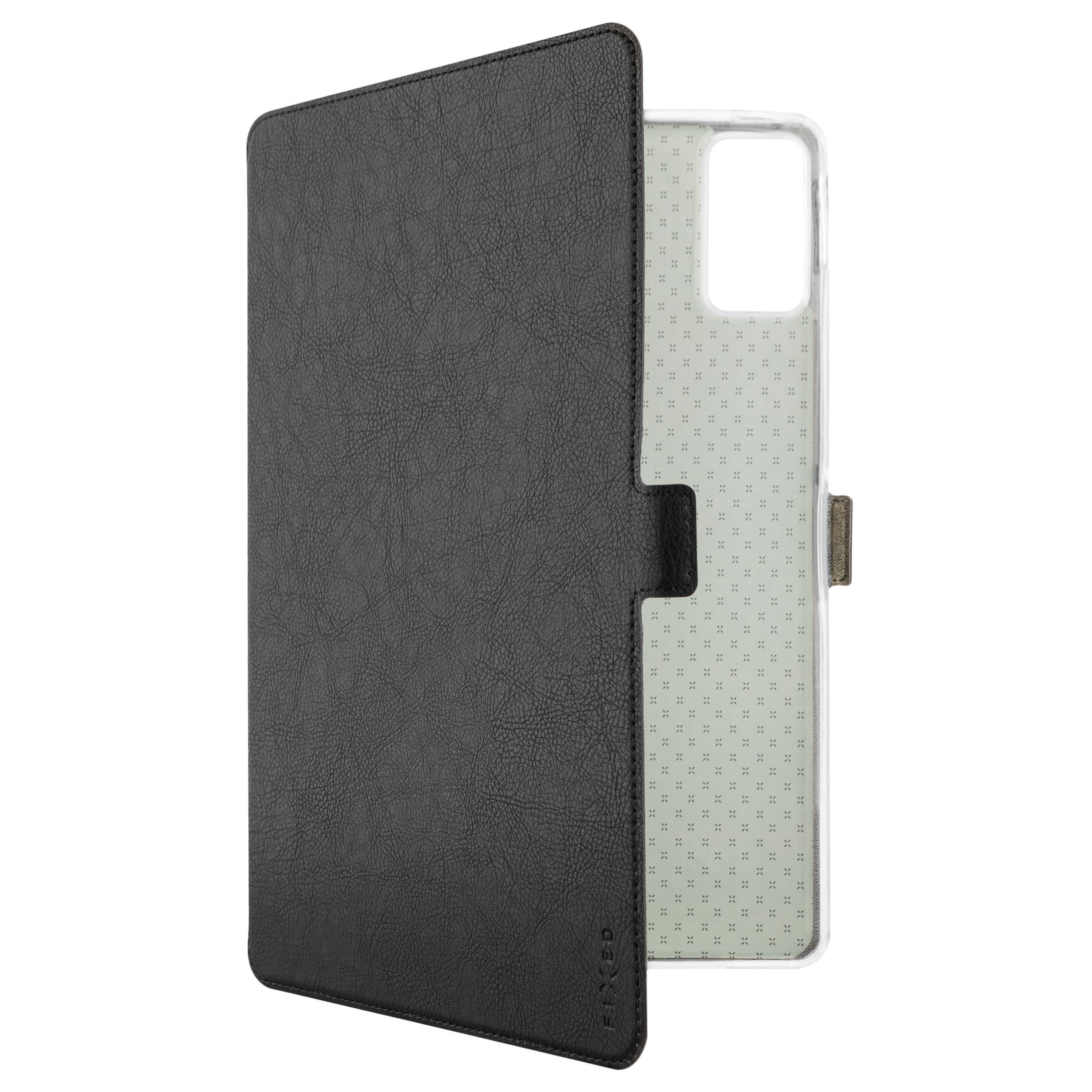 Eine schwarze Tablettasche aus Leder mit geöffneter Front und gemustertem Innenfutter sowie transparenter Schale.