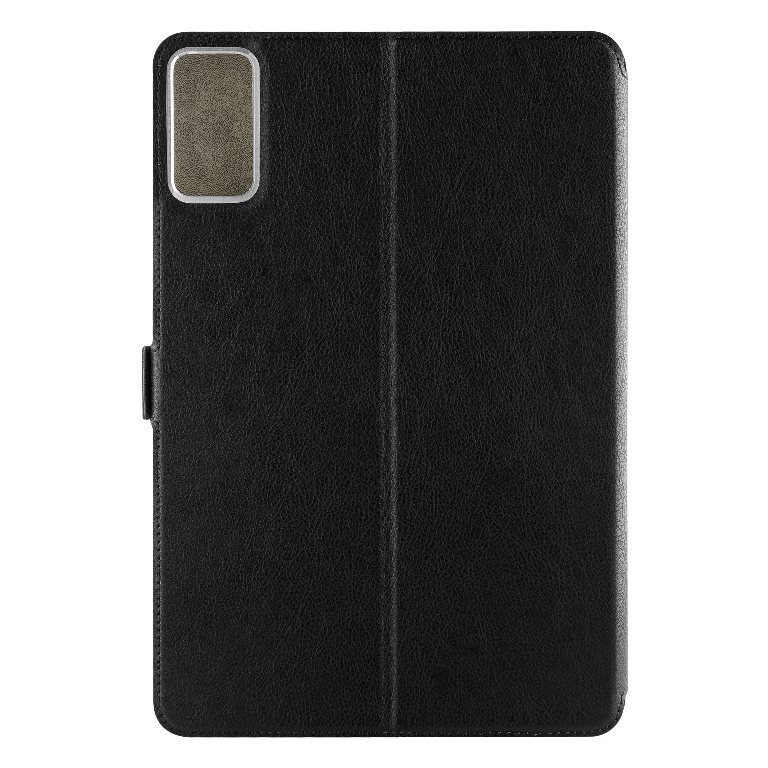 Schwarze Ledertasche für Tablets mit Kameraausschnitt.